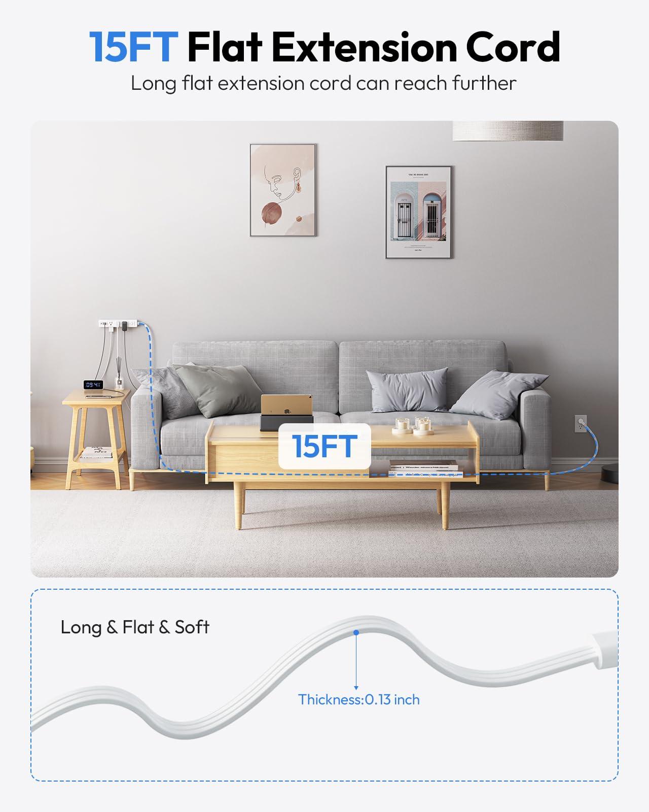 NTONPOWER NTONPOWER 15 ft Extension Cord, 1625W/13A Flat Extension Cord, 1080J Surge Protector & NTONPOWER Flat Extension Cord 10 ft