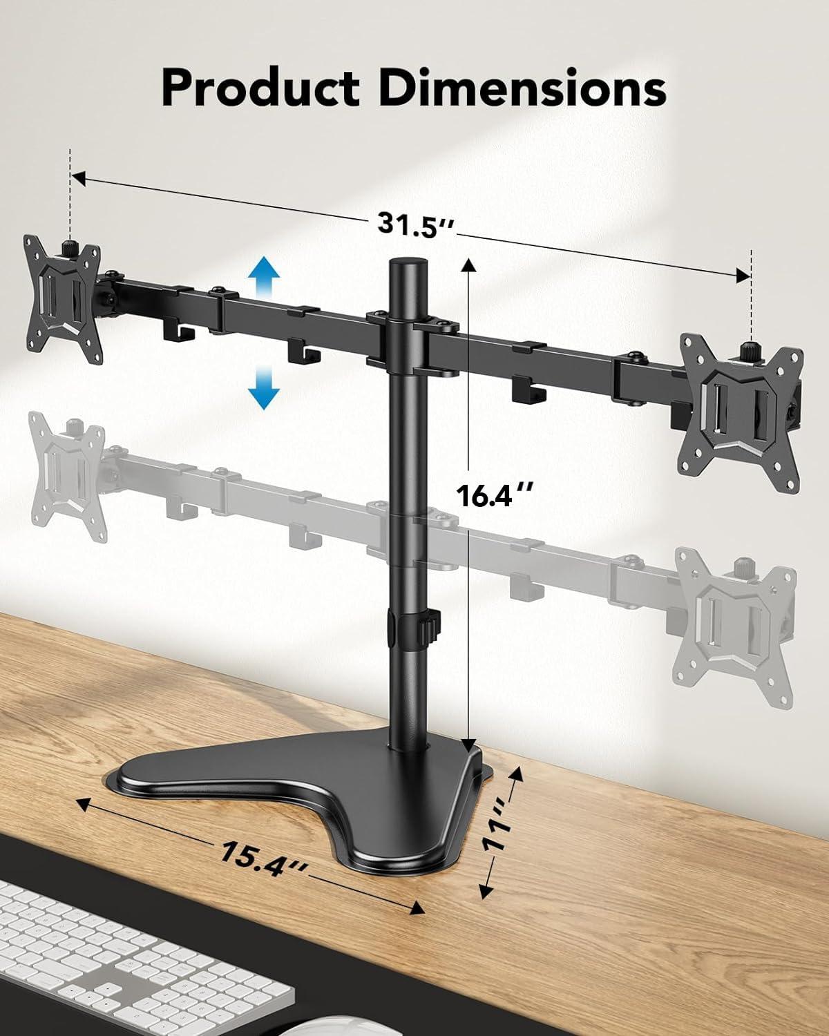 HUANUO HUANUO 32 inches Dual Monitor Stand up to 17.6lbs per Arm, High-Grade Aluminum Free-Standing Dual Monitor Mount for 2 Screens. Fully Adjustable Dual Monitor Stand for Desk with Tilt, Swivel, Rotation
