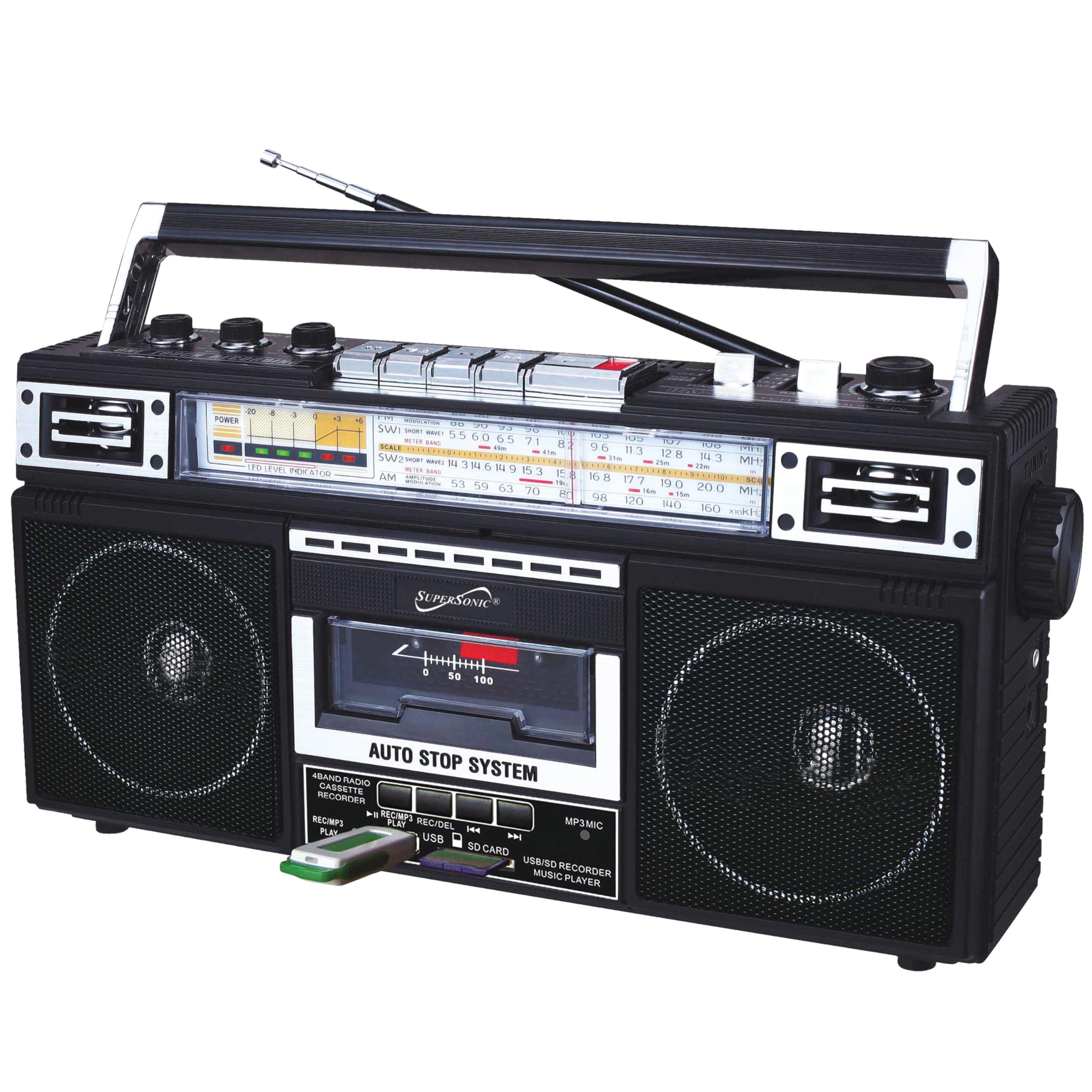 Supersonic Supersonic SC-3201BT 4 Band Radio & Cassette Player Boombox, Bluetooth Speaker, AM/FM/SW Radio with MP3 Playback, USB & SD Card, 3 Band EQ and Earphone Jack