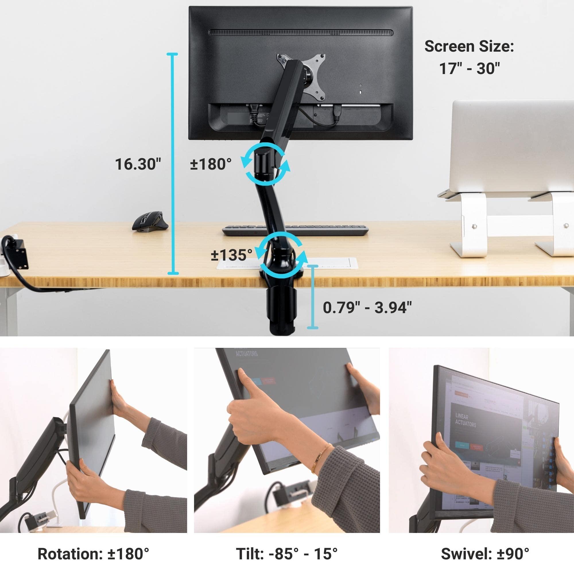 Progressive Desk Progressive Desk Single Gas Spring Monitor Stand - Fits 17"-30" Monitors - 180 Monitor Rotation - Arm Holds Up to 20 lbs