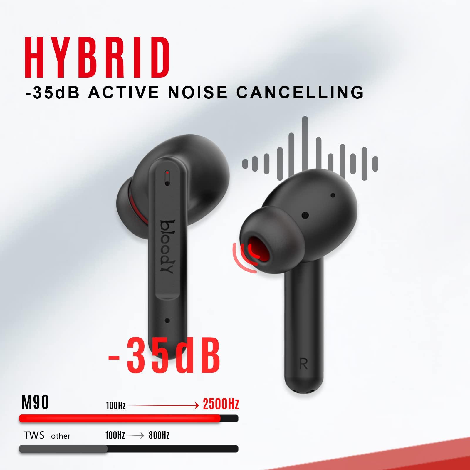Bloody Bloody M90 TWS Active Noise Cancelling Bluetooth Gaming Earbuds, Hybrid Carbon Diaphragm, Bass Music & Low Latency Gaming Mode, Dual ENC Microphone, IPX4 Rate, with Wireless Charging Case