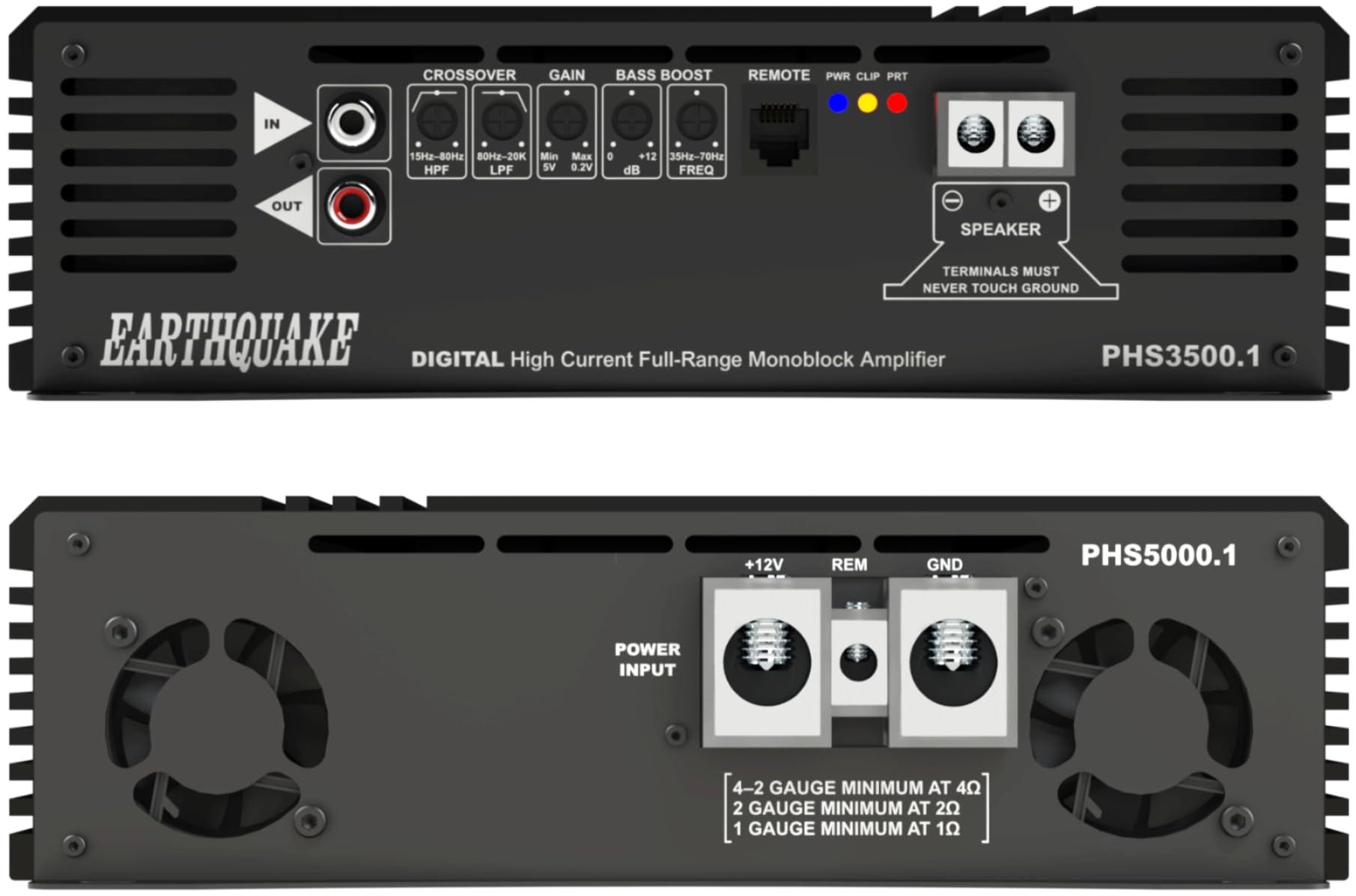 EARTHQUAKE EARTHQUAKE PHS5000.1 Powerhouse Shredder Class D Digital High Current Full Range Mono Amplifier, 5500W Max Output, 1/2/4 Ohm Stable, Bass Remote Knob Included