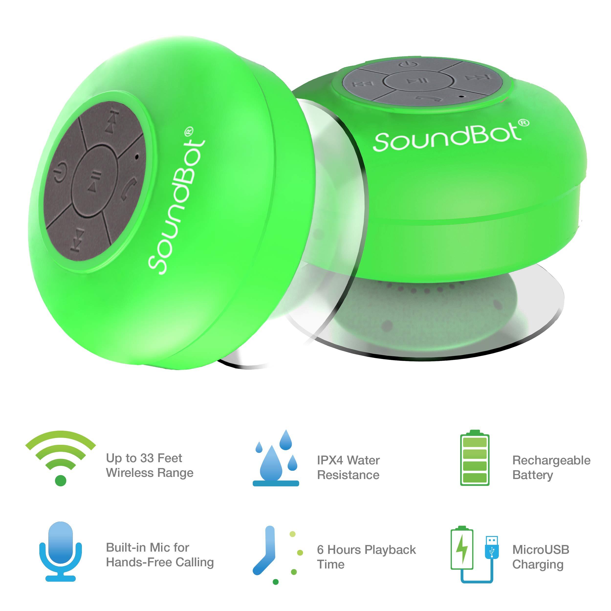 Soundbot Soundbot SB510 HD Water Resistant Bluetooth Shower Speaker, Handsfree Portable Speakerphone with Built-in Mic, 6hrs of Playtime, Control Buttons and Dedicated Suction Cup for Showers (Green)