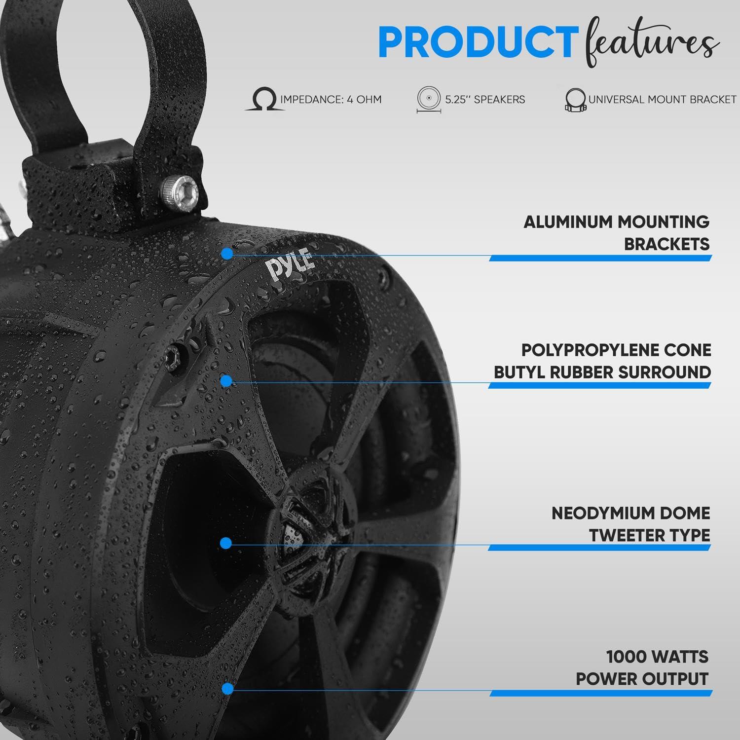 Pyle Pyle 2-Way Dual Waterproof Off-Road Speakers - 5.25 Inch 1000W Marine Grade Wake Tower Speakers System, Full Range Outdoor Audio Stereo Speaker for ATV, UTV, Quad, Jeep, Boat - Pyle PLUTV51BK,Black