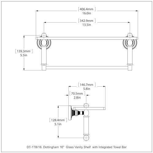 Allied Precision Industries Allied Brass DT-1TB/16-WHM Dottingham 16 Inch Glass Vanity Integrated Towel Bar Shelf, Matte White