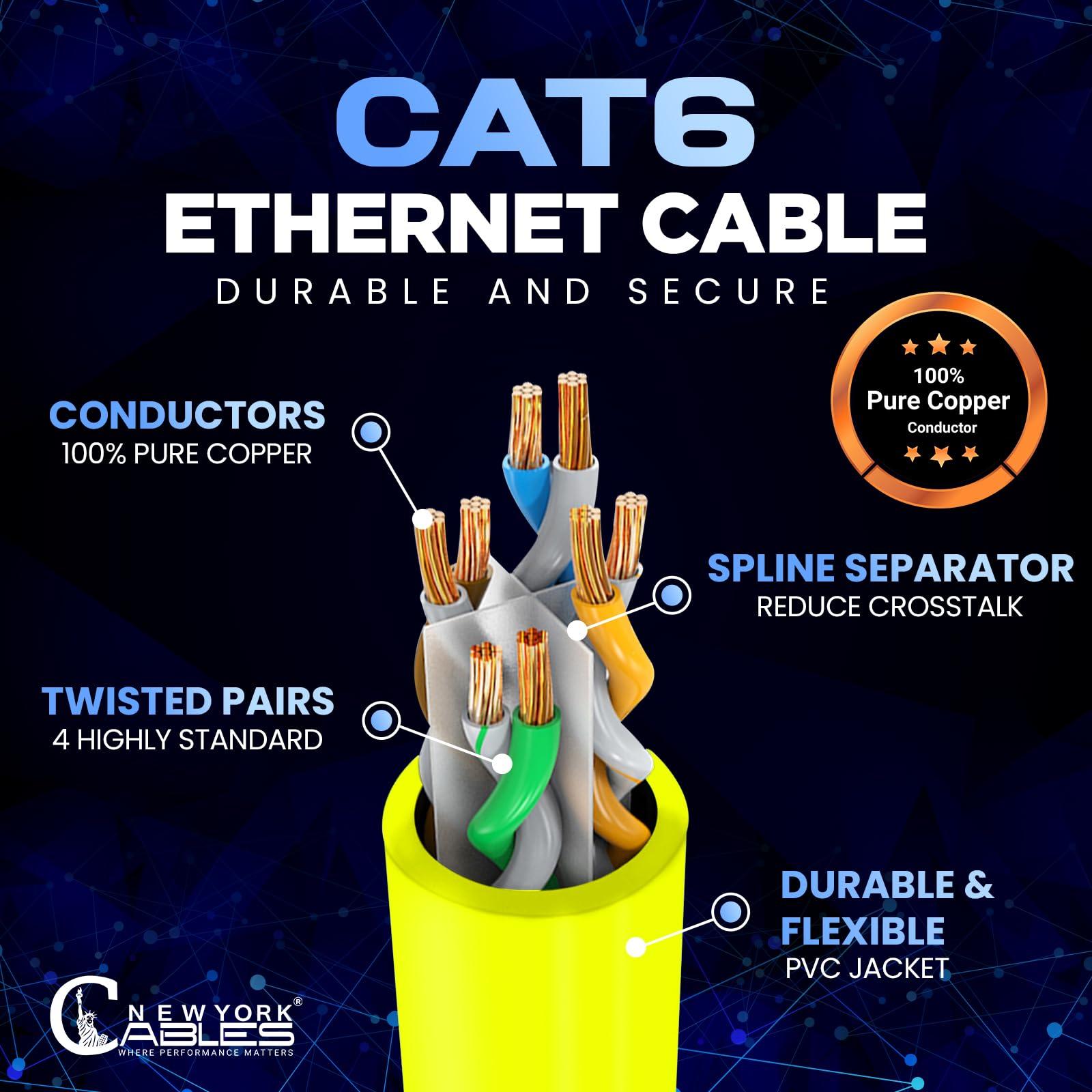 NewYork Cables NewYork Cables Cat6 Ethernet Patch Cable 1 ft (5 Pack), Snagless Cat6 Patch Cables for Data Centers, 10Gbps, 550Mhz Ethernet Cord, Bare Copper Network Patch Cables for Home and Enterprise -Yellow