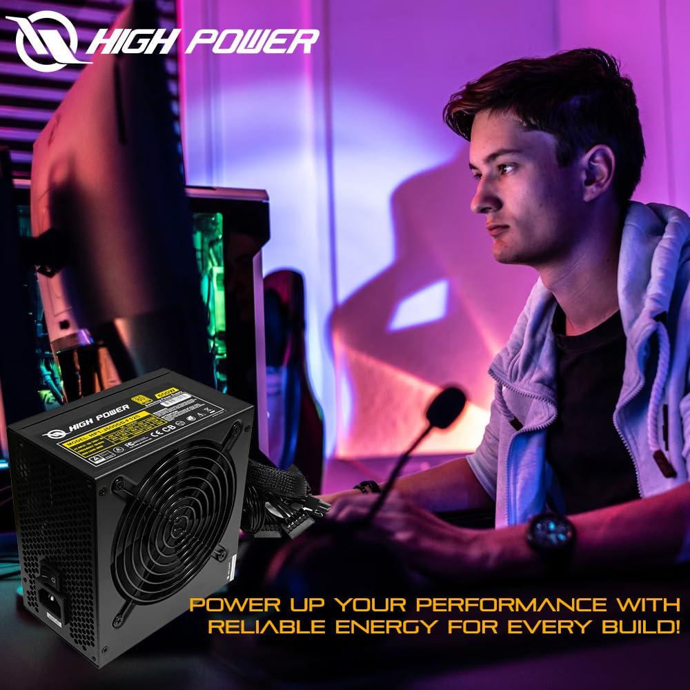 High Power HIGH POWER 600W Power Supply, 80 Plus Gold Certified PSU, Continuous Power with 120mm Whisper Quiet Fan, ATX 12V V2.3/EPS 12V Active PFC Reliable Performance, Energy-Efficient