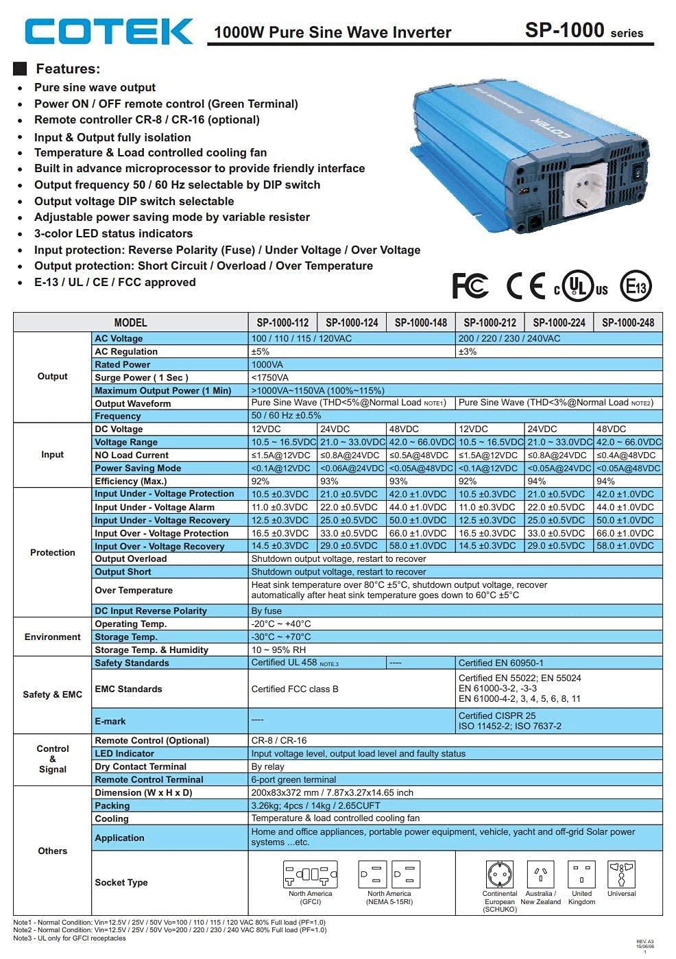 COTEK Cotek SP-1000-212 Pure Sine Wave Inverter 230VAC 12VDC 1000W