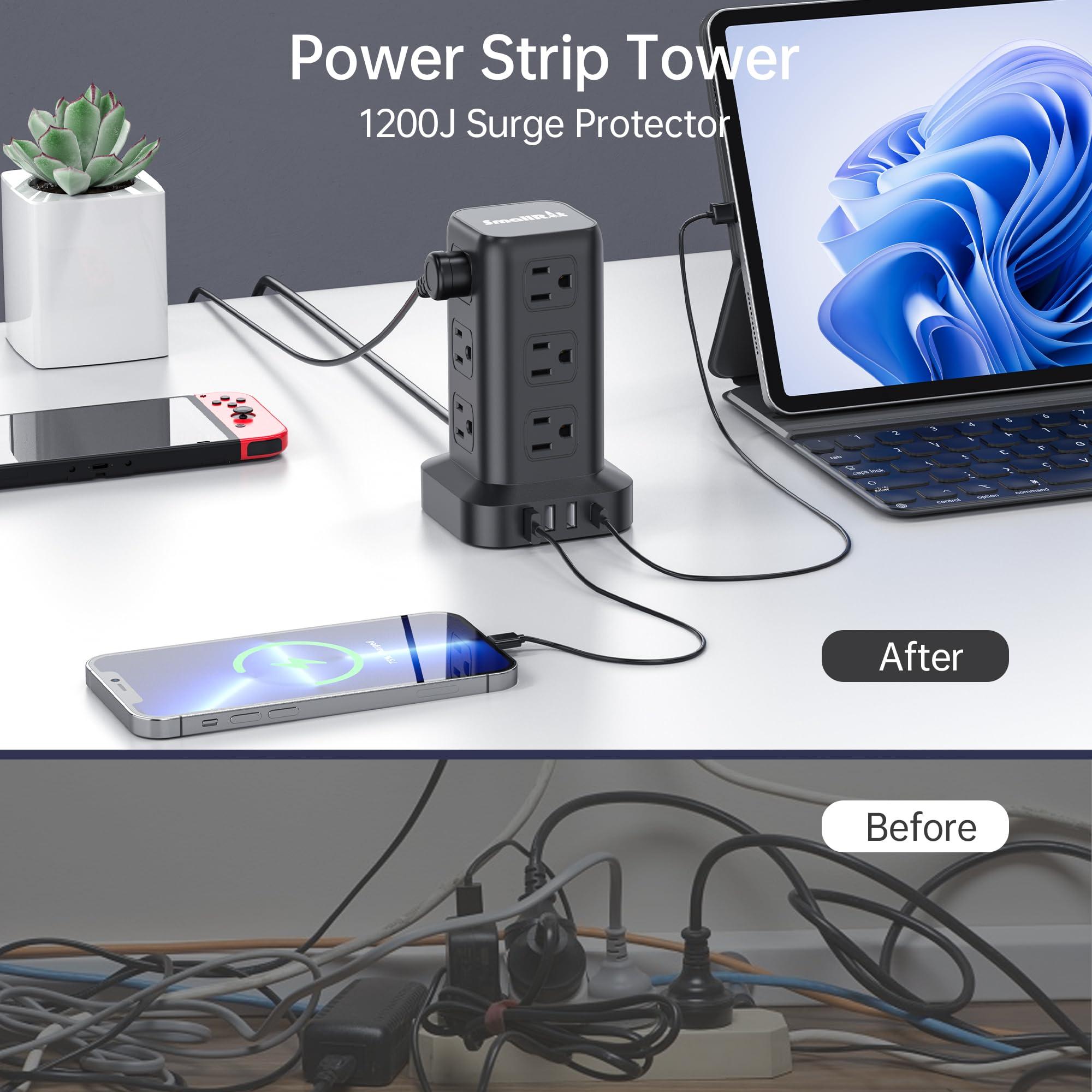 SMALLRT Surge Protector Power Strip Tower,10FT Extension Cord with Multiple Outlets, 12 AC 4 USB (1 USB C)Mini Power Strip with USB Ports, Surge Protector Tower Overload Protection for Office, Desk