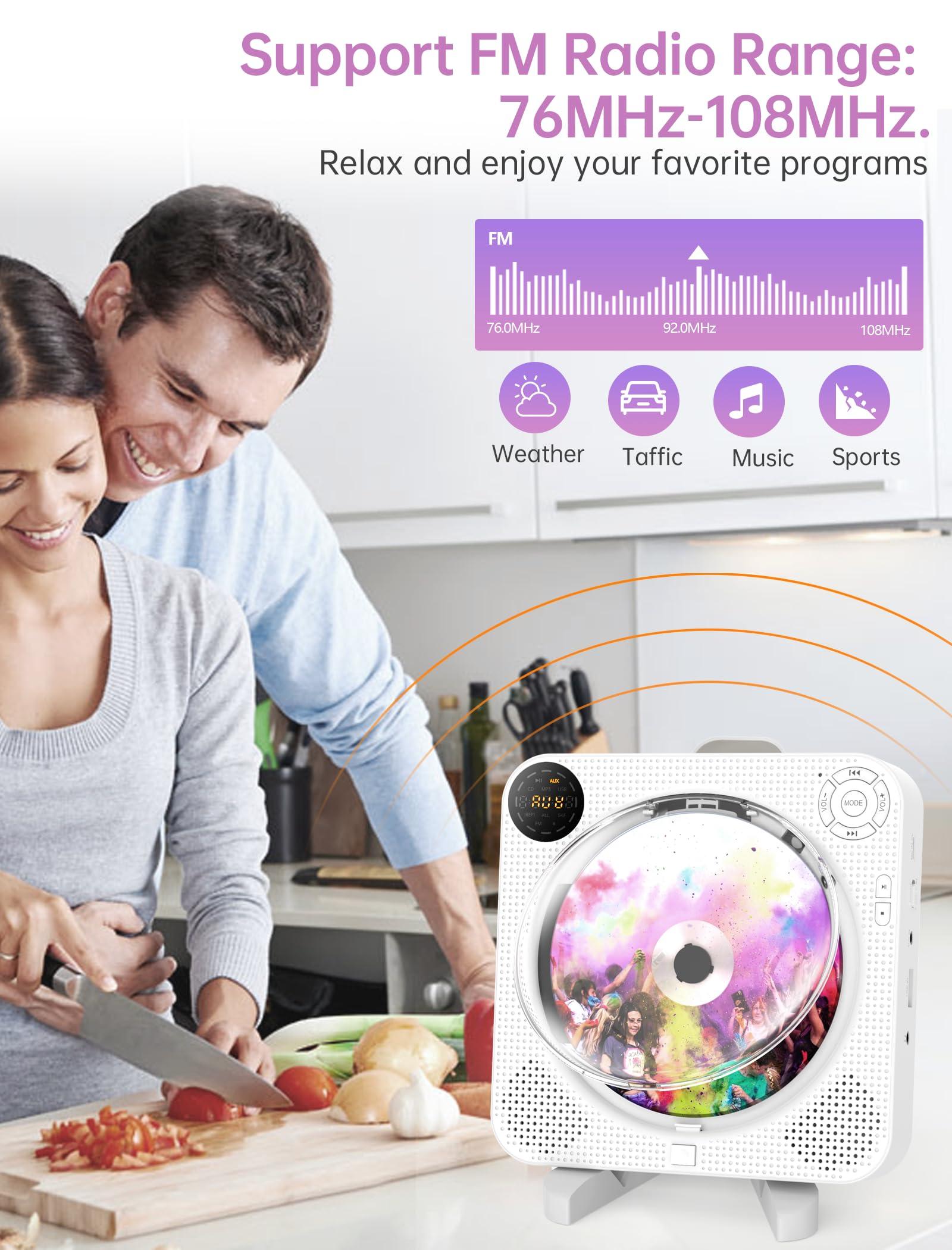 Desobry CD Player Portable, Bluetooth CD Player with Speakers DESOBRY Small CD Player for Home with Remote Control FM Radio Digital Screen Headphone Jack, Wall CD Player Support AUX in Cable&USB, White