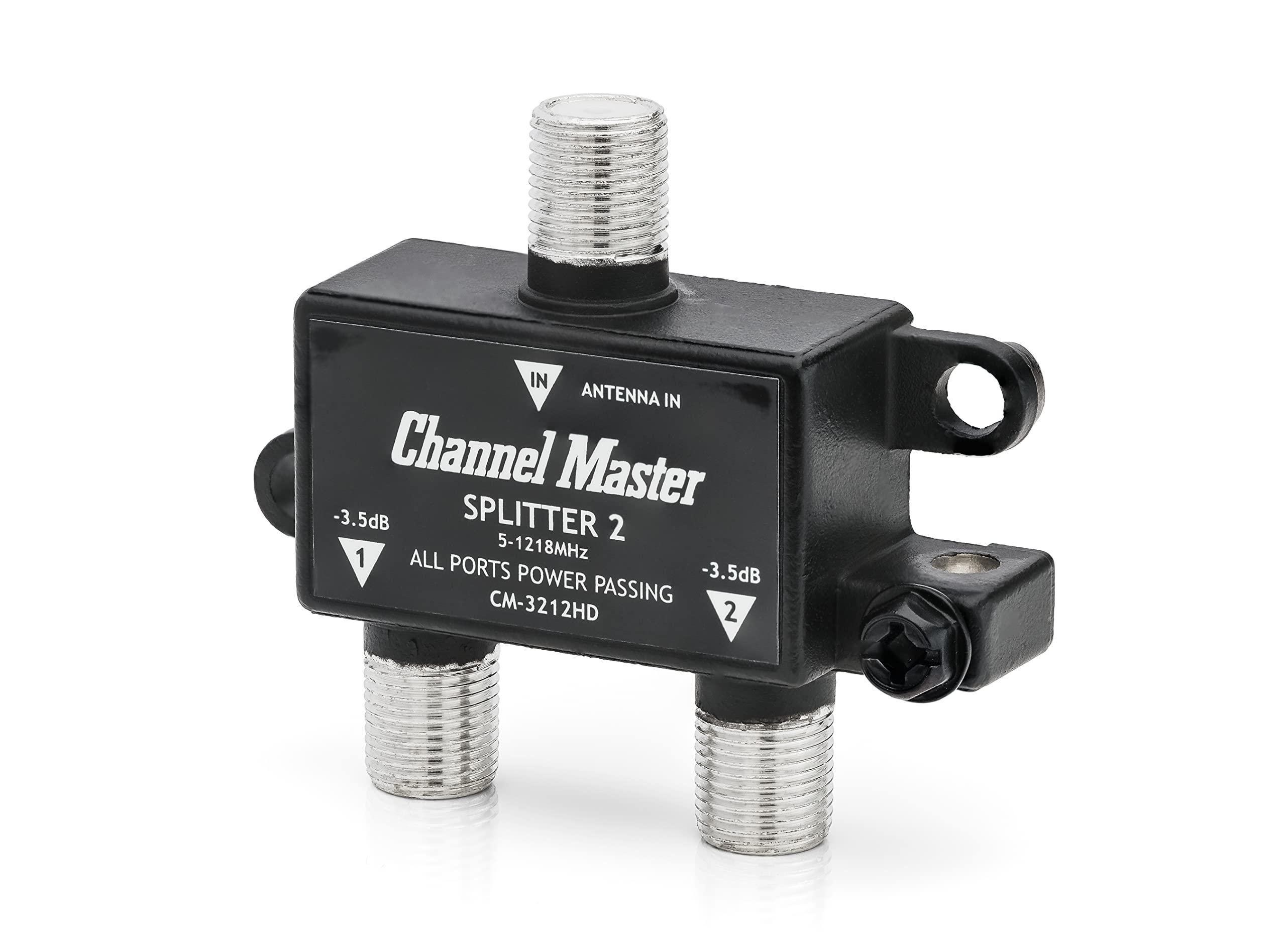 Channel Master Channel Master Splitter 2 | 2-Way Splitter Distributes Digital HDTV Antenna Signal to 2 TVs, One Input and Two Outputs, Power Passing for Preamplifiers and Boosters, Low-Loss Design, Indoor/Outdoor