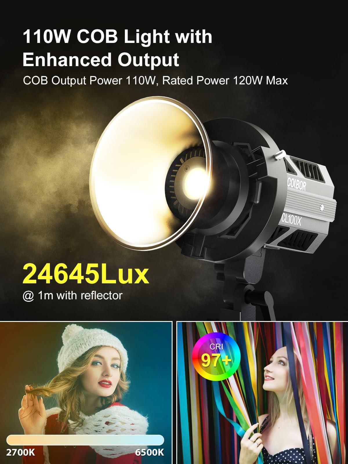 Moman Video Light, Colbor CL100X 110W Bi-Colour Video Light 2700K-6500K CRI97+ COB Continuous Aluminium with Bowens Mount APP Control 10 Light Effect for Photography, Daylight LED Video Light Photo Studio