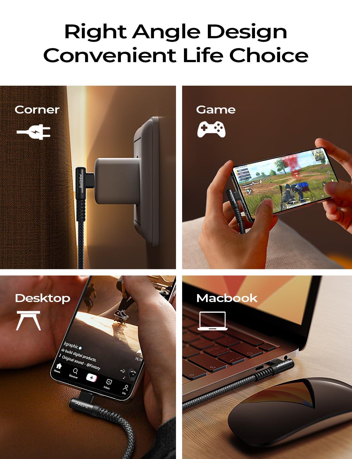 AINOPE AINOPE 240W USB C to USB C Cable (6.6ft 2Pack Chubby Cable USB C) USB C to USB C Fast Charging Cable, Right Angle USB C Charger Cable for iPhone16 Charger Cord, MacBook Pro, iPad Pro/Air,Samsung,Black