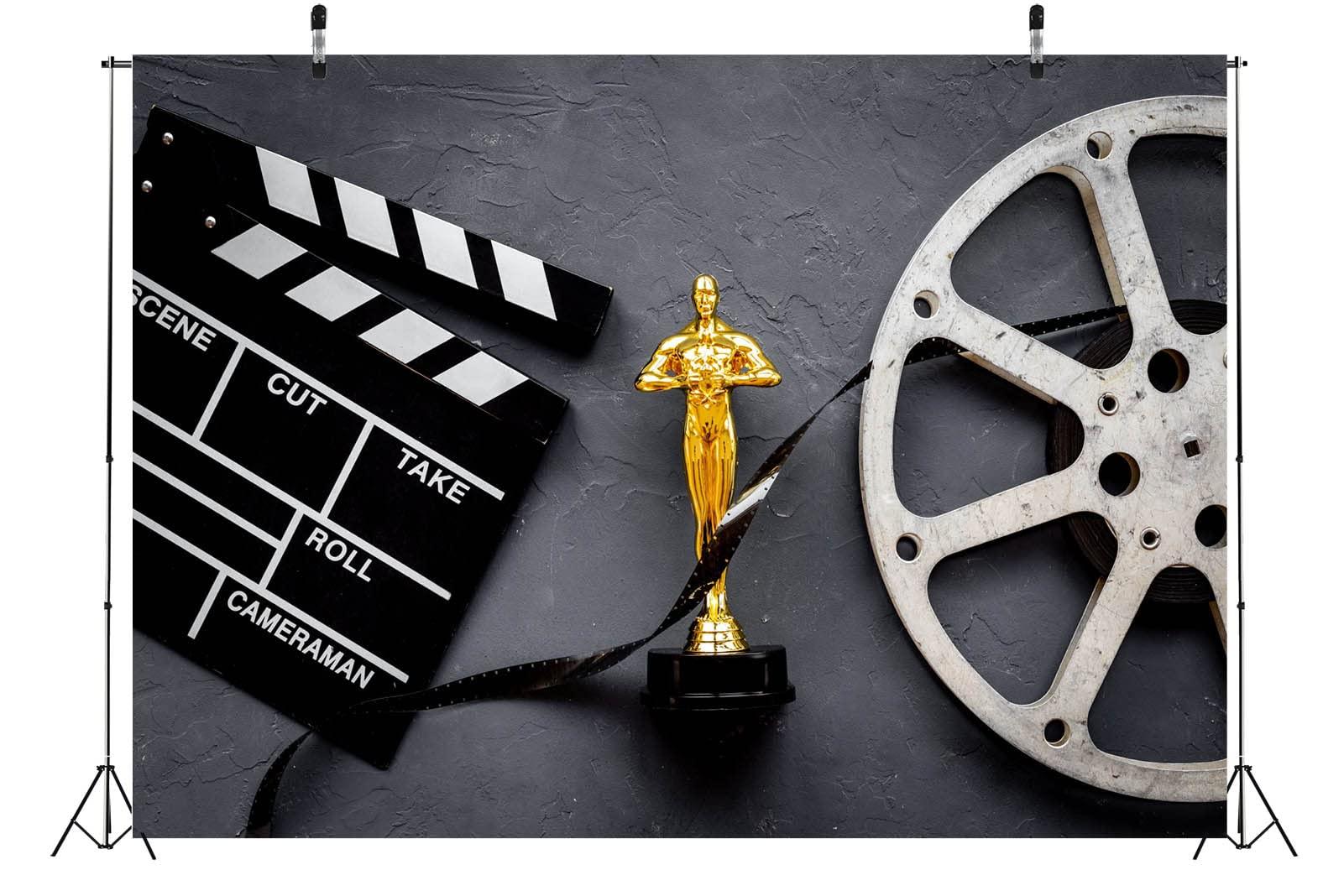 BELECO BELECO 7x5ft Fabric Movie Theme Backdrop for Photography Golden Movie Award Statue with Film Reel Video Tape and Clapper Board Background for Movie Night Theme Party Decorations Portrait Photo Props