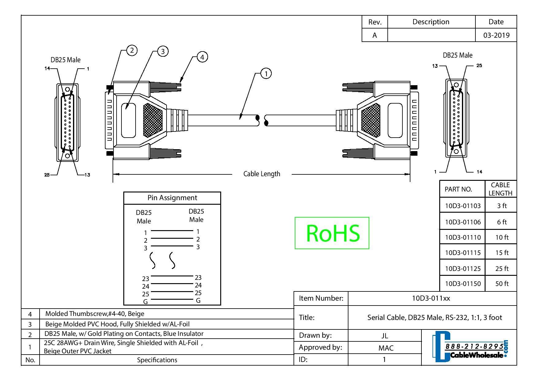 CableWholesale Serial Cable, DB25 Male, RS-232, 1: 50 Foot