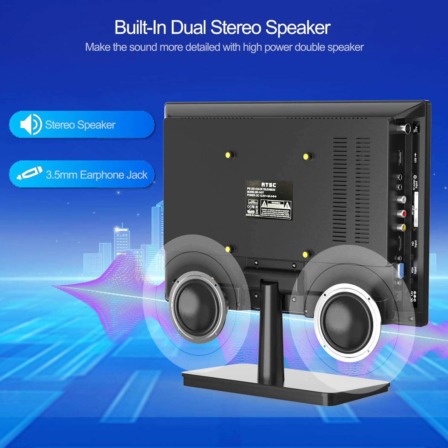 Feihe Feihe 14 inch Small Flat Screen Kitchen TV with Antenna ATSC Tuner/USB/HDMI/AV/VGA, Built-in TV Stand and Remote Control for Car,RV,Camping,Outdoor or Office