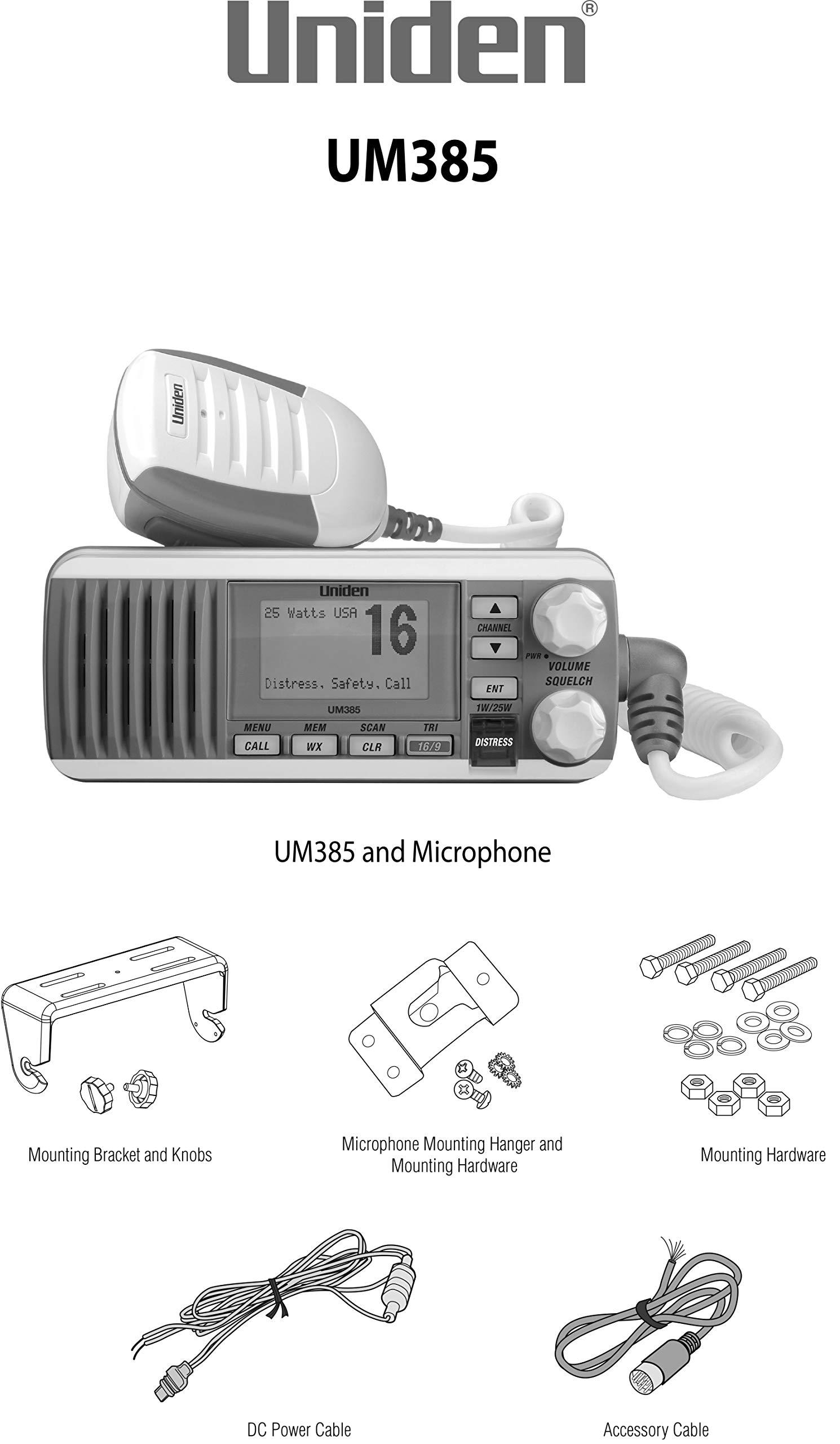 Uniden Uniden UM385 25 Watt Fixed Mount Marine Vhf Radio, Waterproof IPX4 with Triple Watch, Dsc, Emergency/Noaa Weather Alert, All Usa/International/Canadian Marine Channels, Memory Channel Scan, White