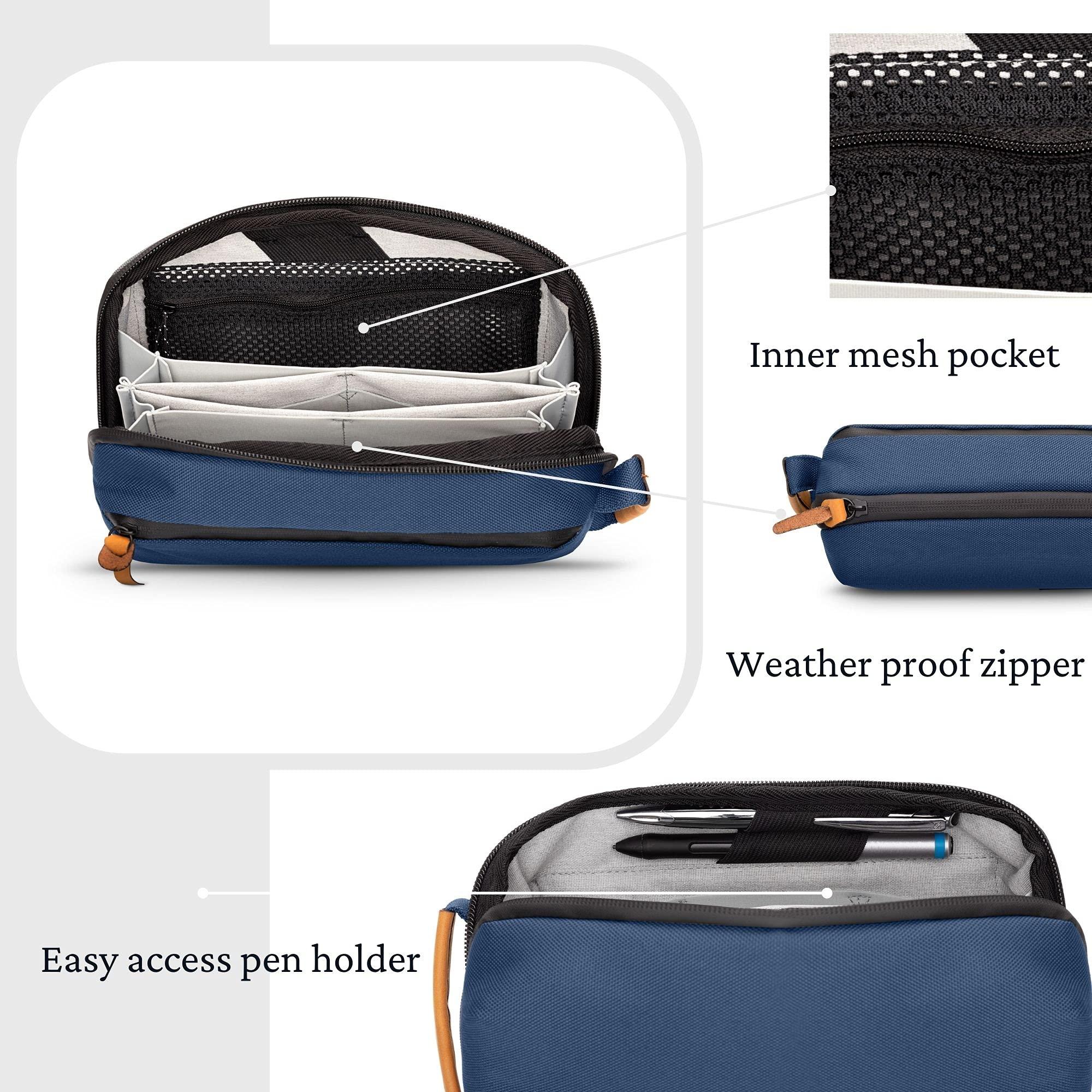 TRIPPED Travel Gear TRIPPED Travel Gear Tech Bag Organizer - Small Electronics Organizer Pouch for Travel - Premium Travel Case with Leather Accents - Mesh Pocket for Cables, Cords and Chargers (Navy)
