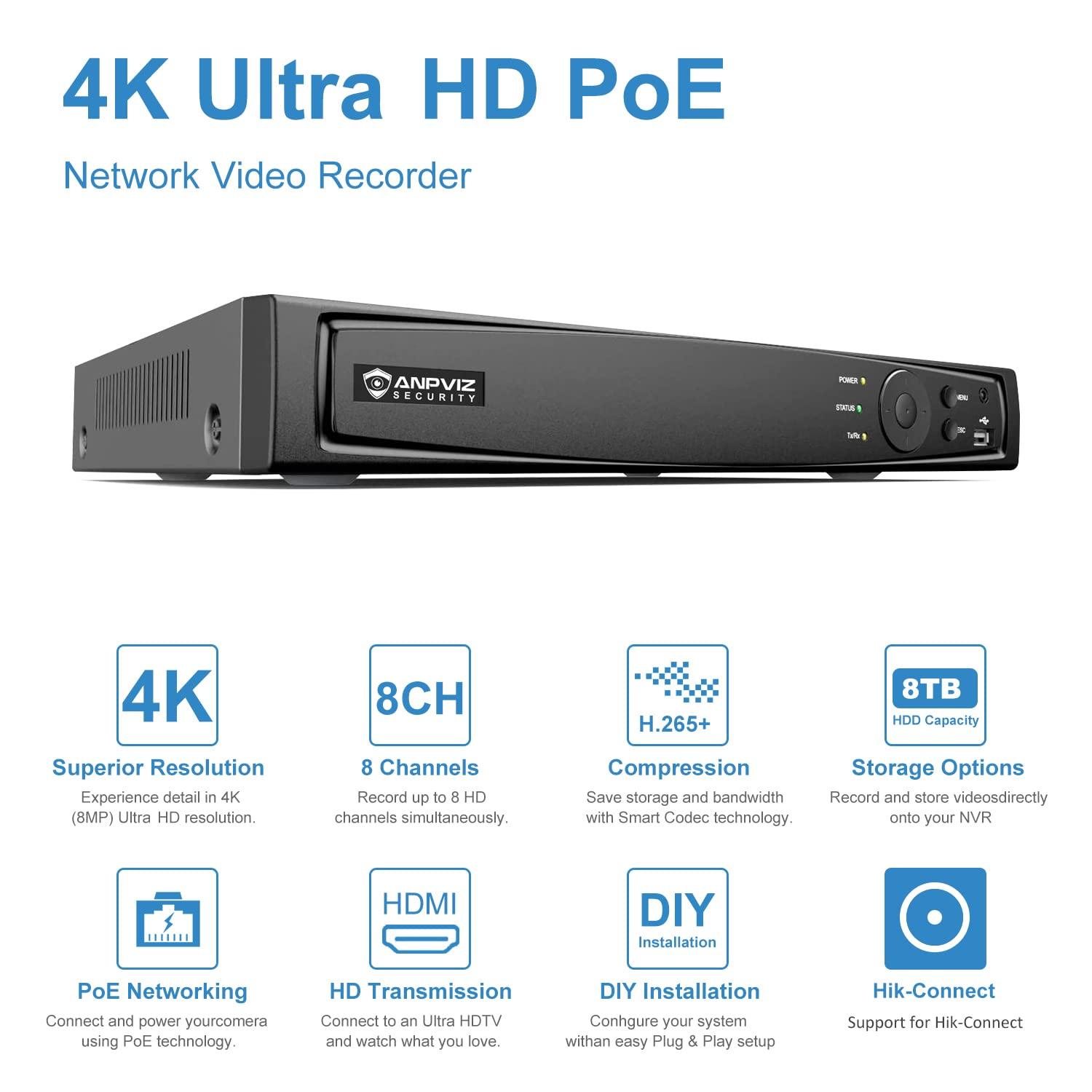 Anpviz Upgrade to NVR4.0 Anpviz 8CH 4K PoE NVR POE Network Video Recorder, IP Home Security Camera System Video Recorder H.265+, Guarding Vision APP, up to 8TB HDD(Not Included HDD)