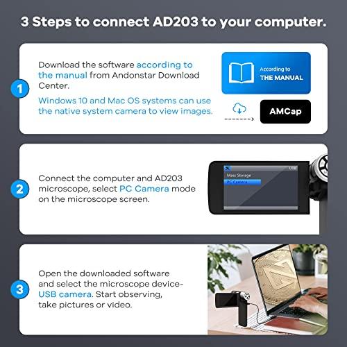 Andonstar Andonstar AD203 Handheld Digital Microscope, Portable Pocket Microscope with 4 inch Screen for Kids and Adults, Black, Electronic FHD Video Microscope, Supports Windows Mac PC, USB Coin Microscope