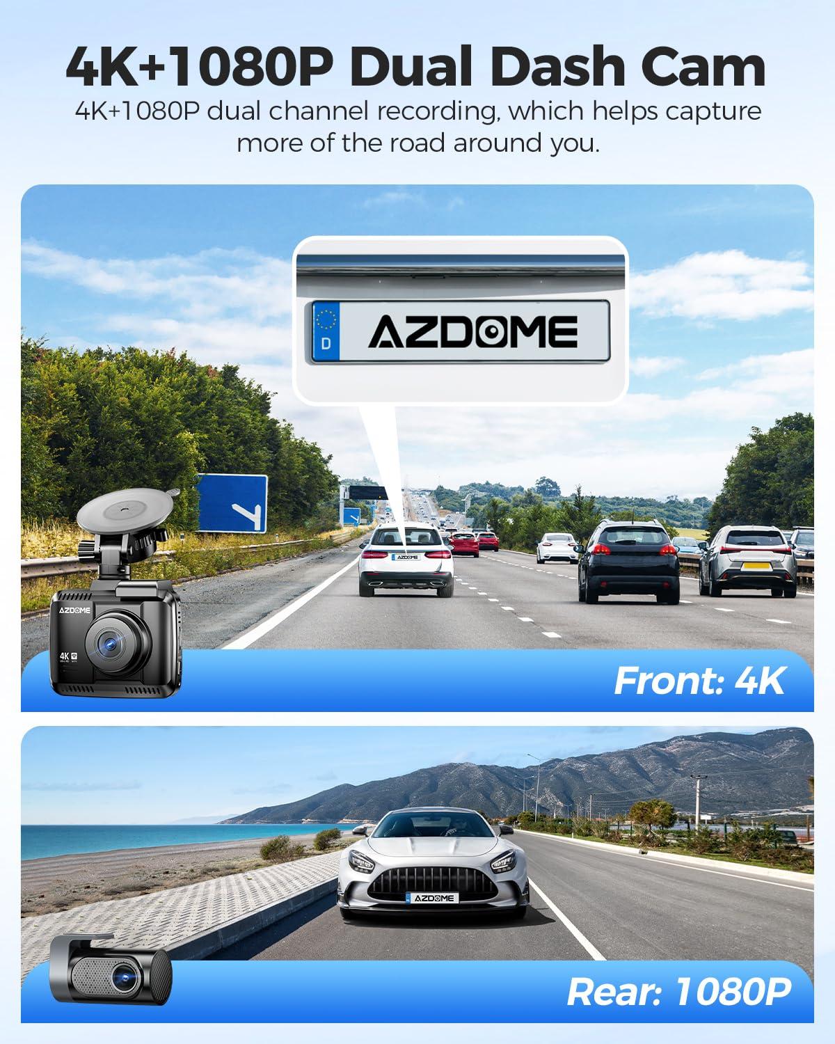 AZDOME AZDOME 4K Dash Cam Front and Rear, STARVIS Night Vision, UHD 2160P WiFi Dash Camera for Cars with GPS, Included 64GB Card, 2.4" IPS Screen Dashcam, 170Wide Angle, WDR, 24H Parking Mode (GS63H Pro)