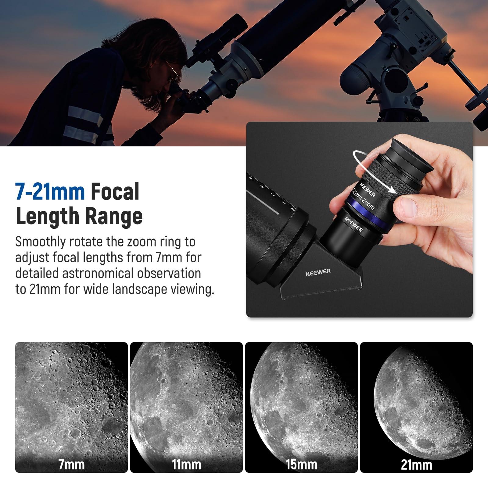 NEEWER NEEWER Zoom Telescope Eyepiece with 7-21mm Focal Length Range, 40-57 Field of View, 15mm Eye Relief, 5 Elements in 3 Groups for Astronomic Telescopes with 1.25 Inch Barrel, LS-T22