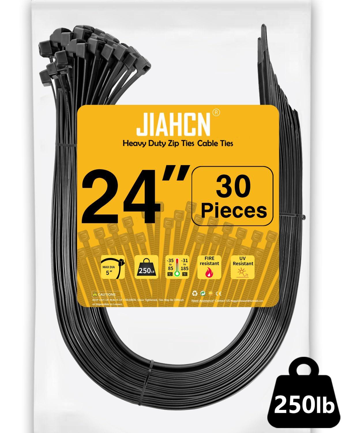 JIAHCN Long Zip Ties Heavy Duty 250lbs Cable Ties Extra Large Zip Ties 24 Inch Industrial Cable Tie Thick Strong Big Zip Tie Wraps Black Wire Ties Wide Plastic Zipties for Cable Management, Outdoor 30pcs