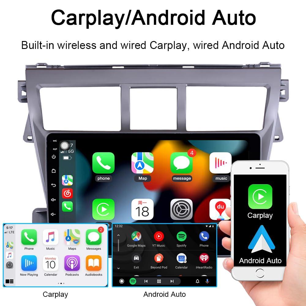 Hac Sa Beach for Toyota Vios Yaris Radio 2007-2012 Android 13 Car Stereo Wireless Apple Carplay Android Auto 9 Inch Touchscreen GPS Navigation Car Audio Receiver Bluetooth SWC Mic (4GB RAM+64GB ROM)