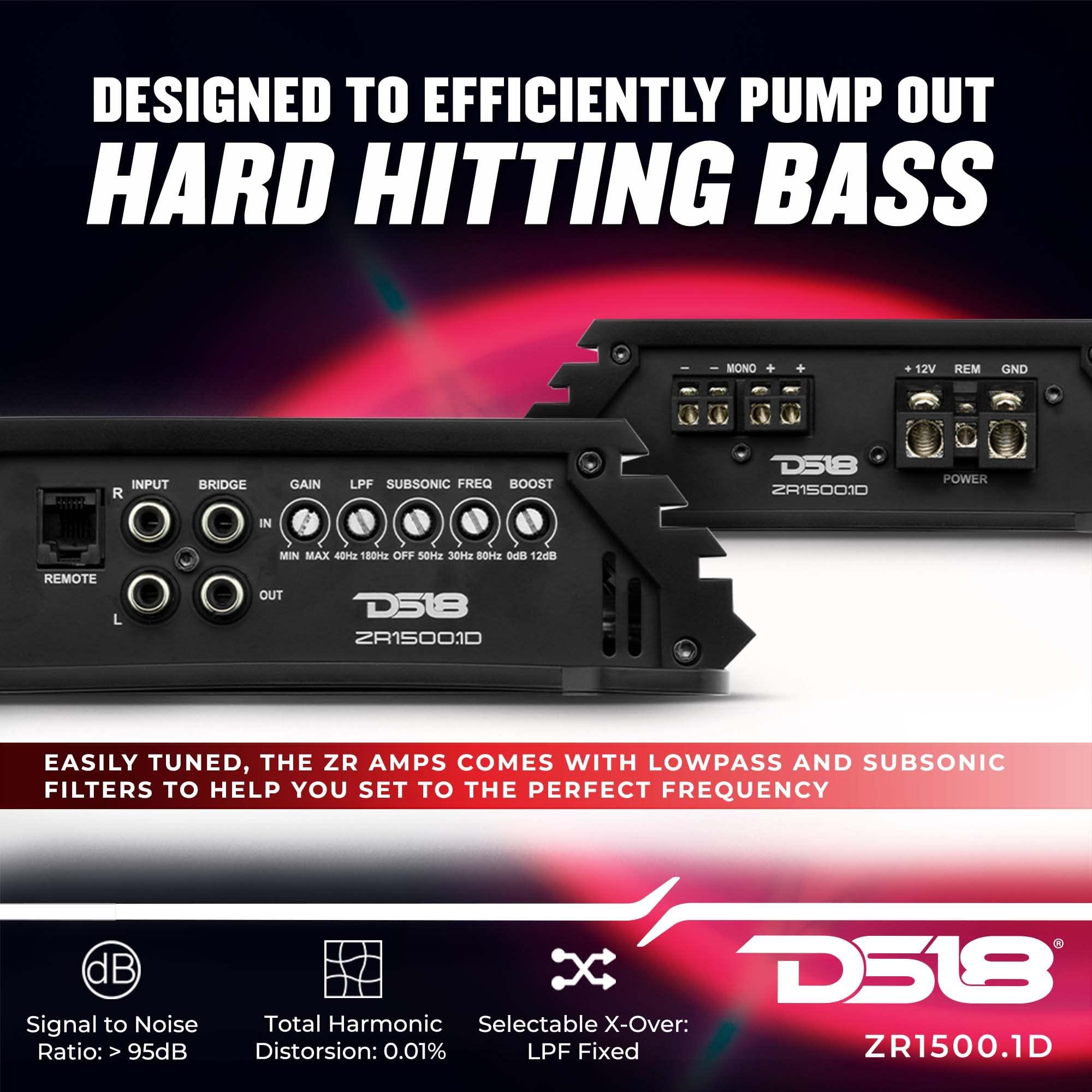 DS18 DS18 ZR1500.1D Car Amplifier 1-Channel Digital Class D Subwoofer Monoblock Amp 4500 Watts Max Wattage at 1-Ohm - Adjustable Low Pass & Subsonic Filters with Bass Boost - Remote BASS Knob Included