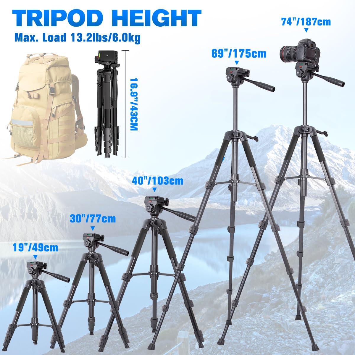 Arsoer Camera Tripod, 74" DSLR Camera Tripod with 2 QR Plates for Sony/Nikon/Canon, Lightweight Video Tripod Stand for Travelling, Phone Tripod with Fluid Head/Phone Holder/Wireless Remote Max.Load 6kg