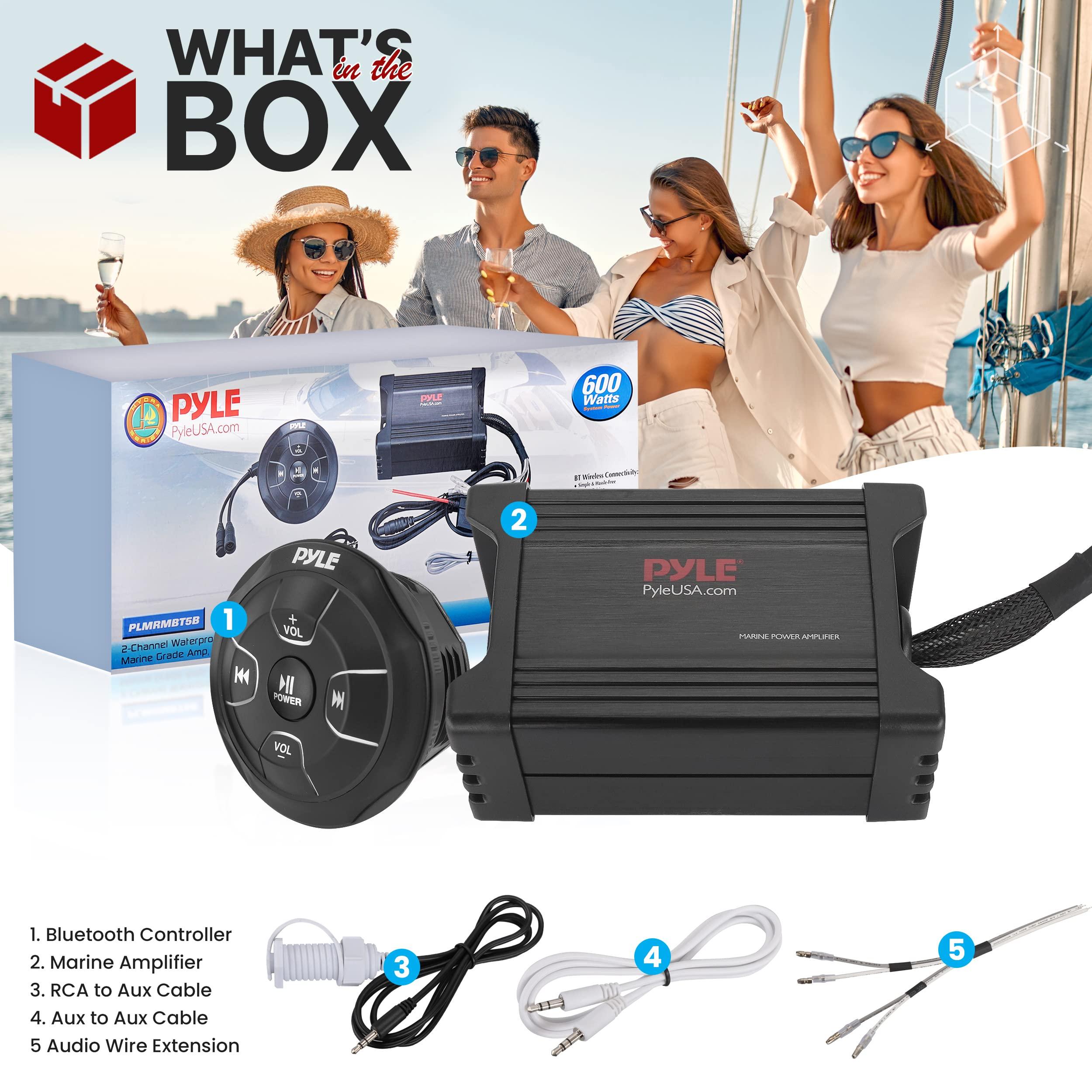 Pyle Pyle Waterproof Bluetooth Marine Amplifier Receiver - Weatherproof 2 Channel Wireless Amp for Stereo Speaker with 600 Watt Power, Wired RCA, AUX and MP3 Audio Input Cable - (Black)