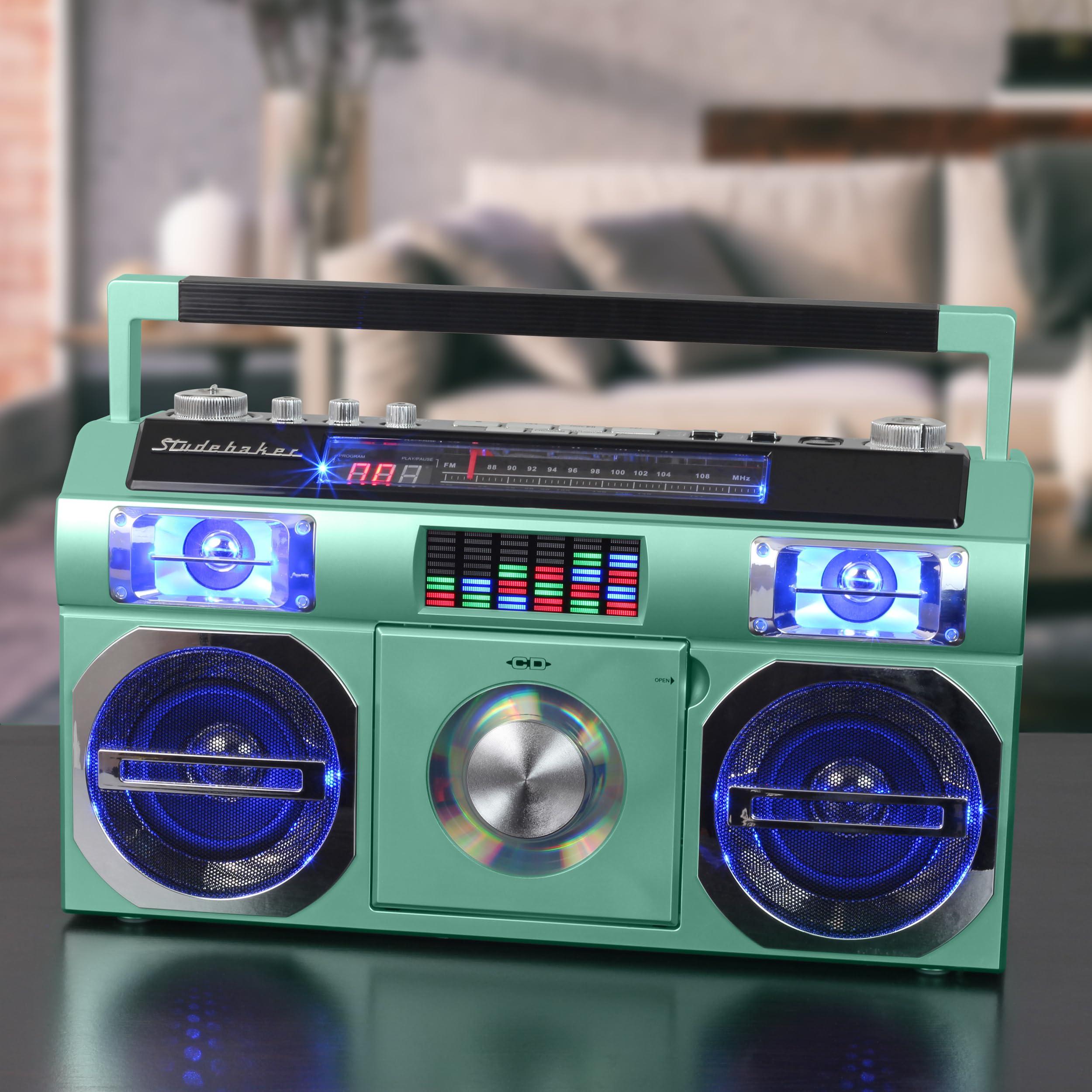 Studebaker Studebaker SB2149TE Master Blaster Bluetooth Boombox with 3 Way Power, AM/FM Radio, USB Port, CD Player with MP3 Playback, LED EQ and 10 Watts RMS Speaker in Teal
