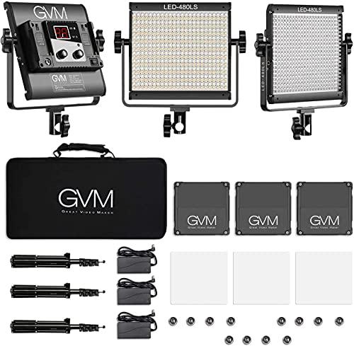 GVM Great Video Maker GVM 3 Pack LED Video Lighting Kits with APP Control, Bi-Color Variable 2300K~6800K with Digital Display Brightness of 10~100% for Video Photography, CRI97+ TLCI97 Led Video Light Panel +Barndoor