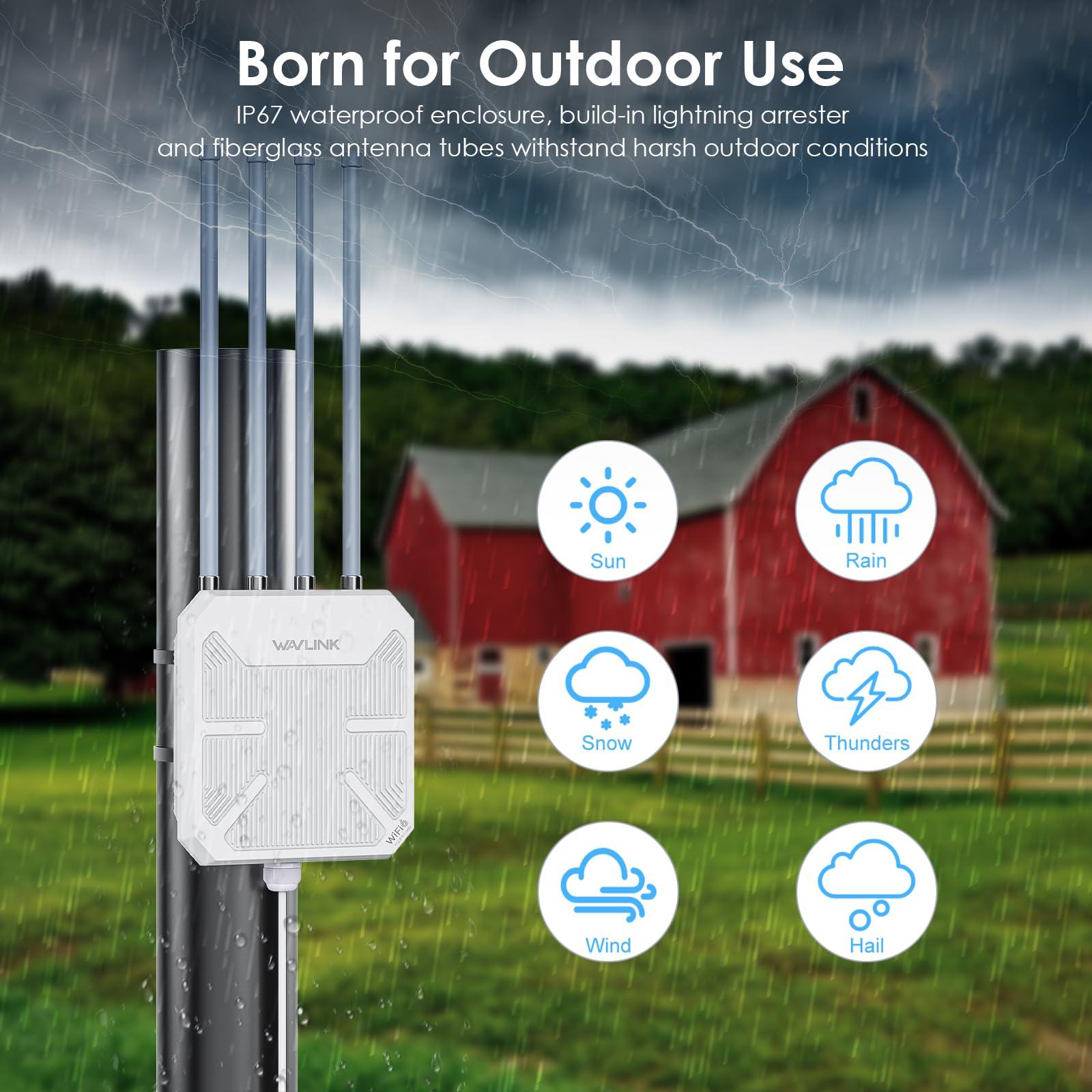 WAVLINK WAVLINK AX3000 Outdoor WiFi 6 Extender Long Range, WiFi 6 Outdoor Wireless Access Point, Active PoE, 4x8dBi Antennas,Work with Starlink/Repeater/Router,IP67,Up to 256 Devices for Farm,Yard,RV,Campsite