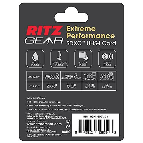 Ritz Gear RITZ GEAR Extreme Performance High Speed UHS-I SDXC 512GB 90/60 MB/S U3 A1 C10 V30 Memory Card (5 Units) Designed for SD Devices That can Capture Full HD, 3D, and 4K Video as Well as raw Photography