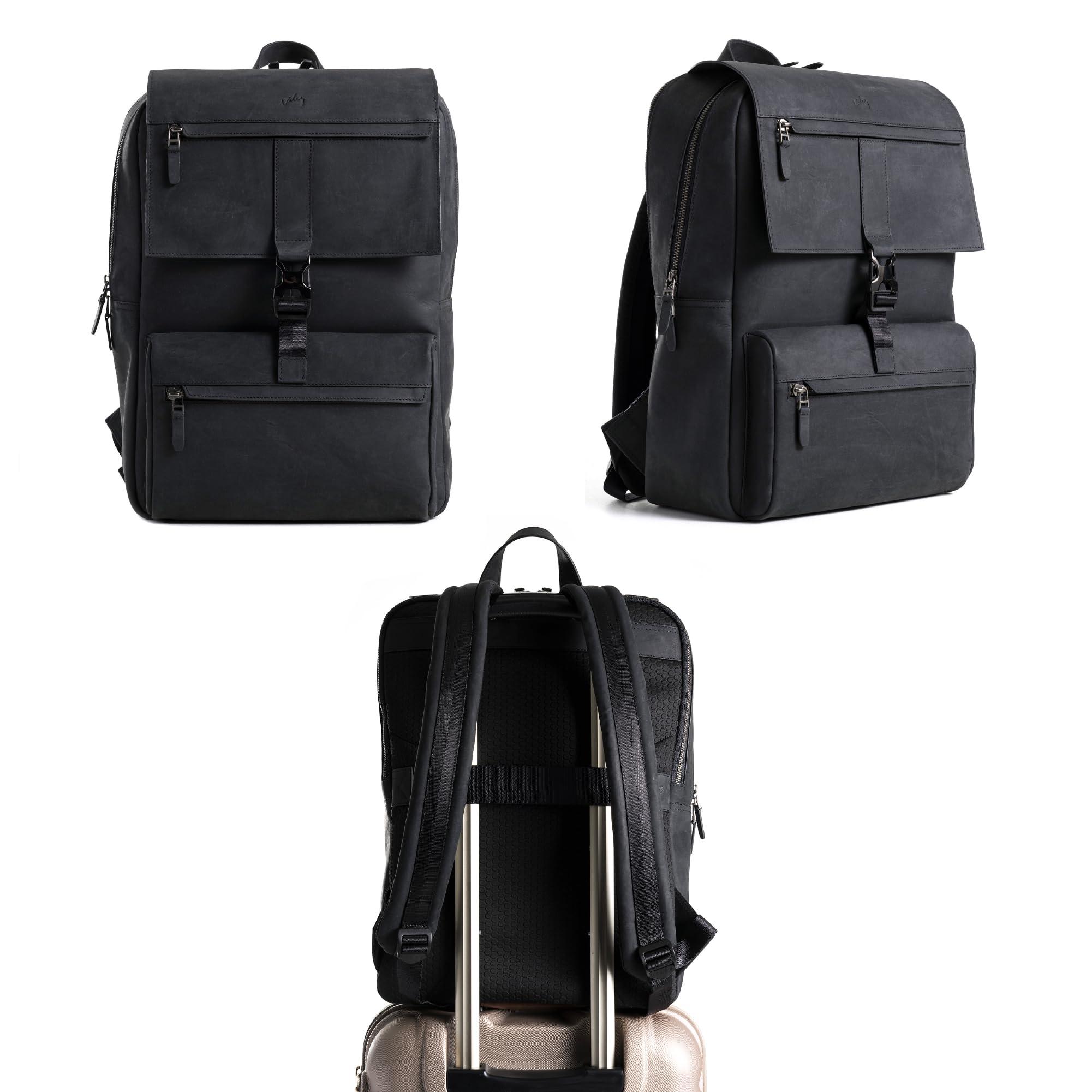 VELEZ VELEZ Black Top Grain Leather Backpack for Men and Women 17 Inch Laptop Bag for Work Handmade Business Bookbag With Large Capacity Computer Travel Shoulder Bags