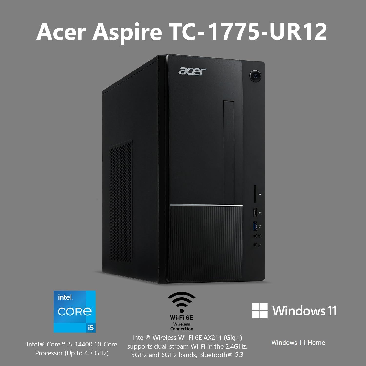 acer Acer Aspire TC-1775-UR12 Desktop | Intel Core i5-14400 10-Core Processor | 16GB 4800MHz DDR5 | 512GB M.2 2280 PCIe Gen 4 SSD | SD Card Reader | Intel Wi-Fi 6E AX211 | Windows 11 Home