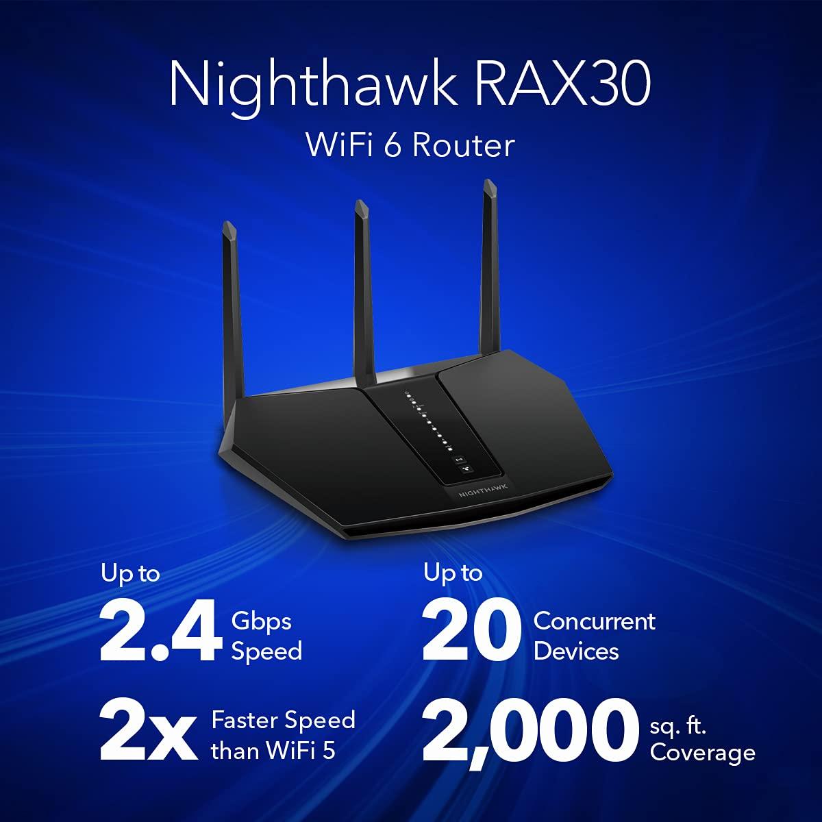 NETGEAR NETGEAR Nighthawk WiFi 6 Router (RAX30) 5-Stream Dual-Band Gigabit Router, AX2400 Wireless Speed (Up to 2.4 Gbps), Coverage Up to 2,000 sq.ft. and 20 Devices (Renewed)
