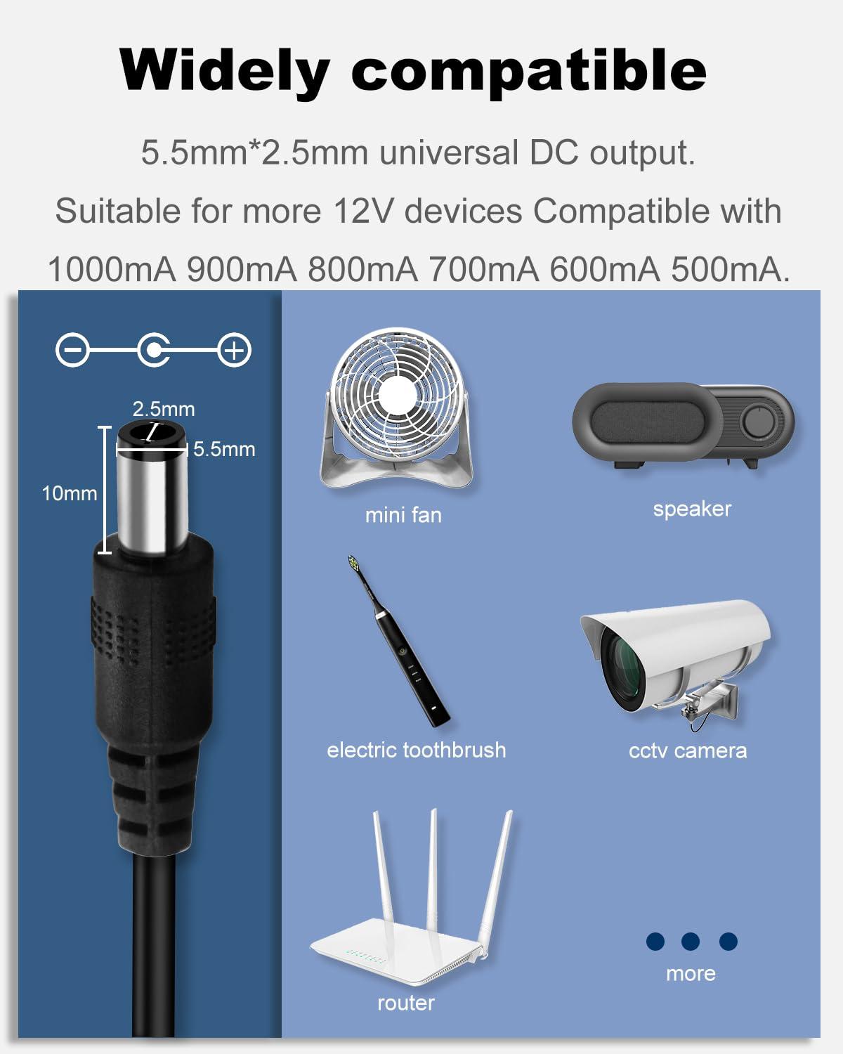 Arybroourd DC 12V 1A Power Supply 12W AC Adapter 100-240V 50-60Hz Wall Adapter AC to DC 12 Volt 1 Amp Transformer & 1 Tip, Power Cord Tip Size 5.5mm x 2.5mm