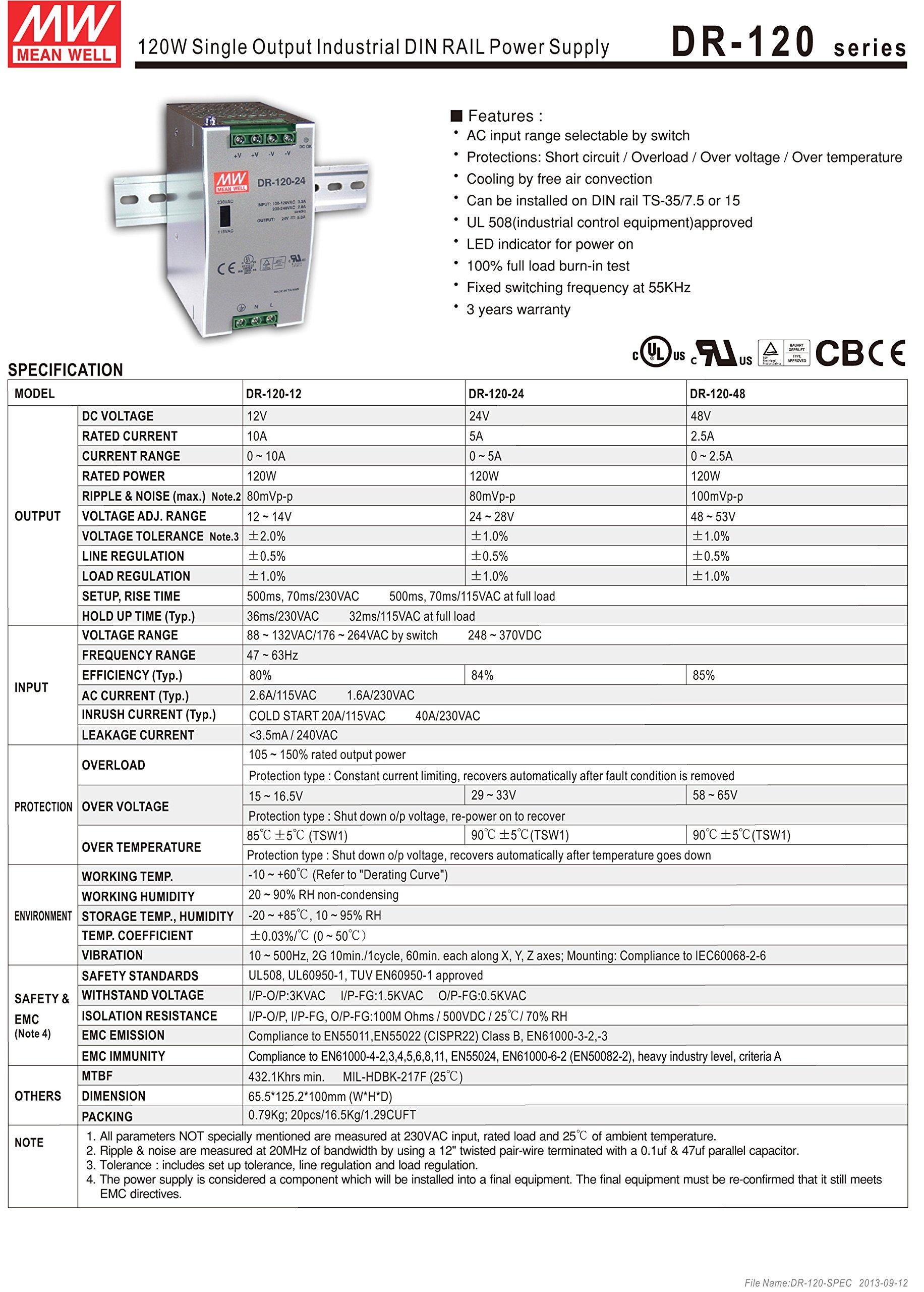 MEAN WELL MW Mean Well DR-120-24 24V 5A 120W Single Output Industrial DIN RAIL Power Supply