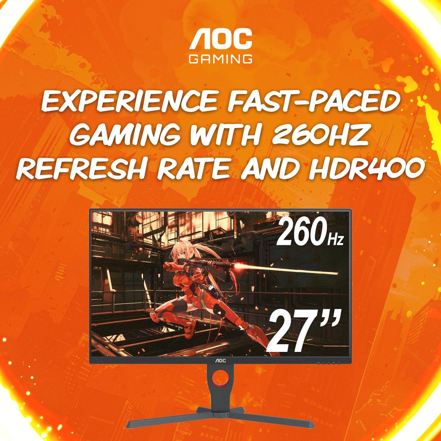 AOC AOC Q27G4XN 27" Gaming Monitor, 2K QHD 2560x1440, 180Hz 1ms, Adaptive-Sync, Height Adjustable, 2X HDMI 2.0, 1x Display Port, Xbox/PS5/Switch Ready, 3-Year Zero-Bright-dot