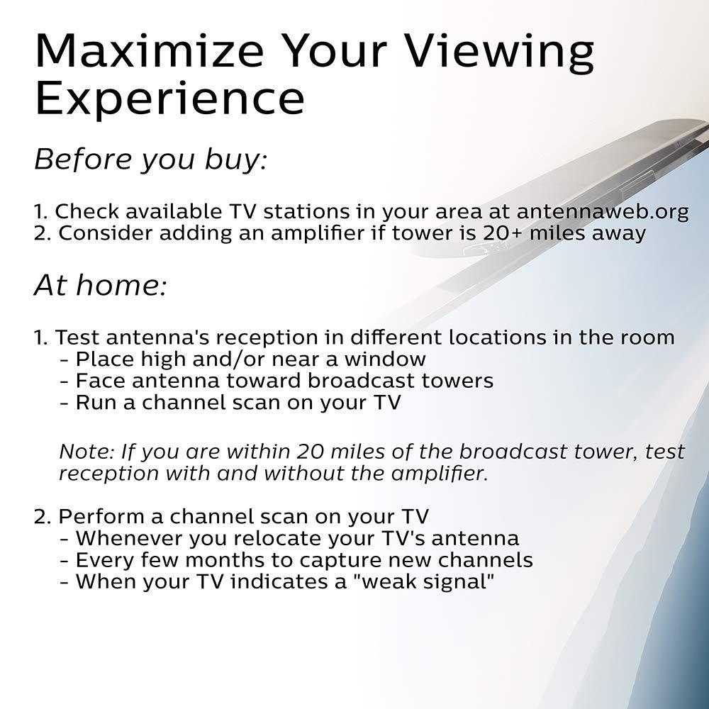 PHILIPS Philips Amplified HD Digital TV Antenna, Long Range Smart TV Antenna, Easy Mount on Top of TV Design, Supports 4K 1080P HD VHF UHF, Amplified Signal Booster, Coax HDTV Cable/AC Adapter, SDV7219N/27