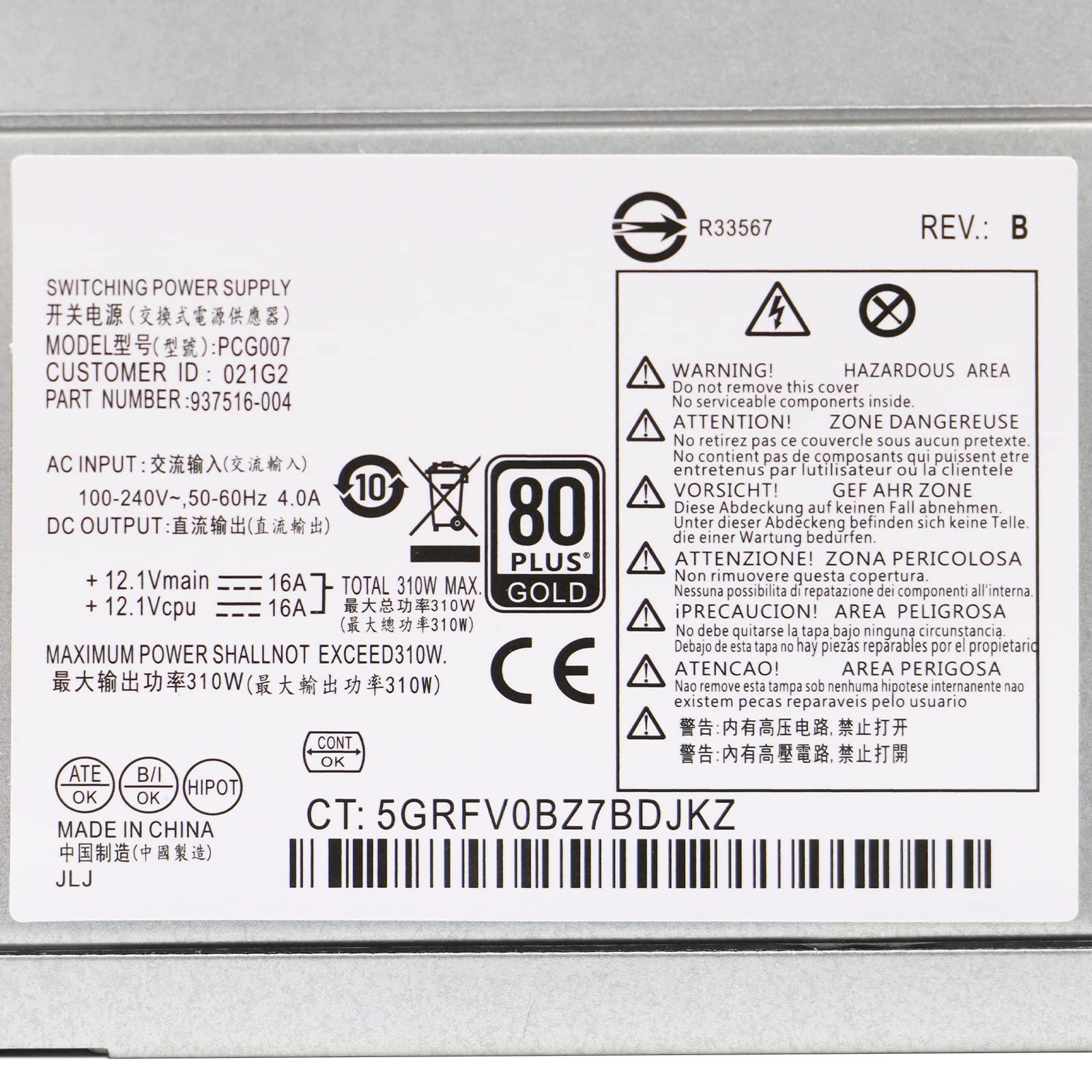 S-Union S-Union Upgraded 937516-004 310W Power Supply Compatible with HP ProDesk 280 288 480 G3 MT 400G4 282G3 SFF PCG007 DPS-310AB-1A 901772-004 PSU Power Supply