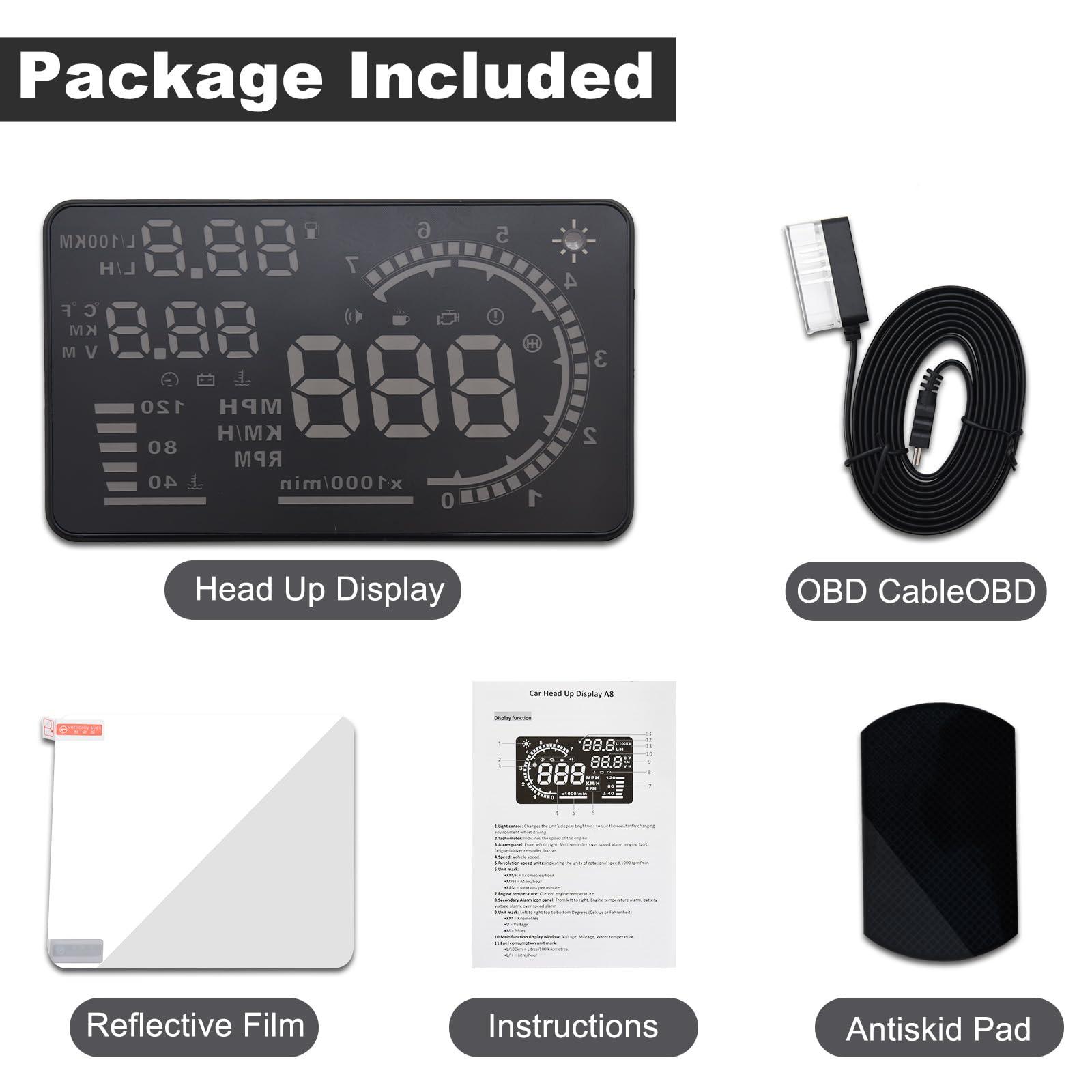 Geloo Geloo Head Up Display OBDII HUD Display for Cars A8 Head up Display 5.5in Digital Speedometer for Car MPH with Multiple Alarm,Light Sensor Windshield OBDII Interface only for Cars from 2012 Onwards