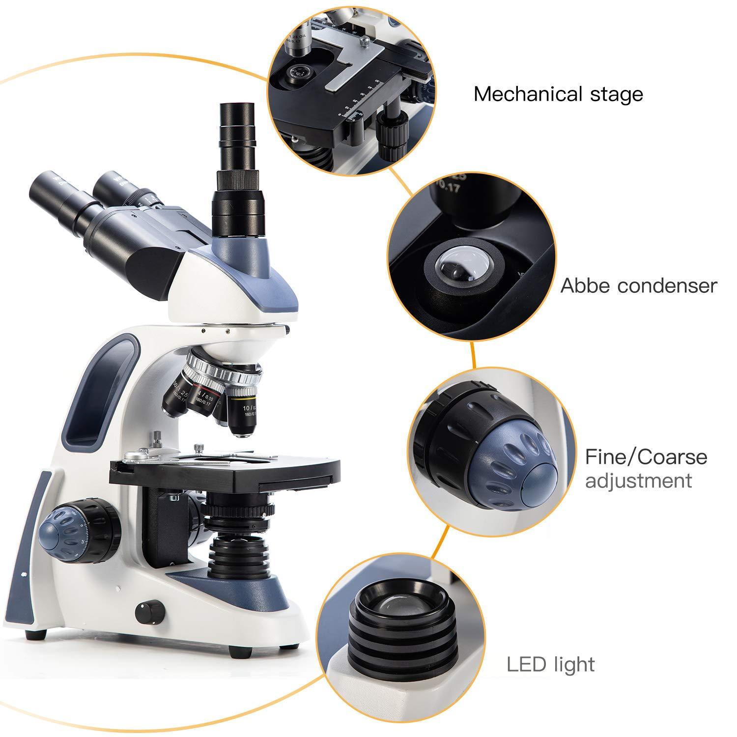 SWIFT Swift SW380T Compound Trinocular Microscope,40X-2500X Magnification,Two-Layer Mechanical Stage,5.0 MP Camera and Software Windows/Mac Compatible and 100 PCS Blank Slides