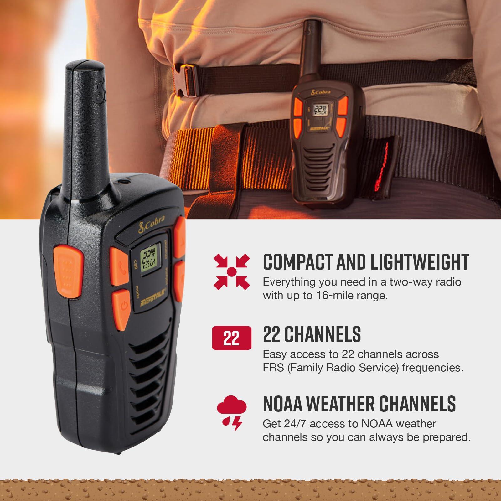 Cobra Cobra ACXT145 Compact and Lightweight Walkie Talkies for Adults & Compatible Cobra Surveillance Headset: Rechargeable, 22 Channels, Long-Range, 2 Two-Way Radios, 2 Headsets, Black/Orange