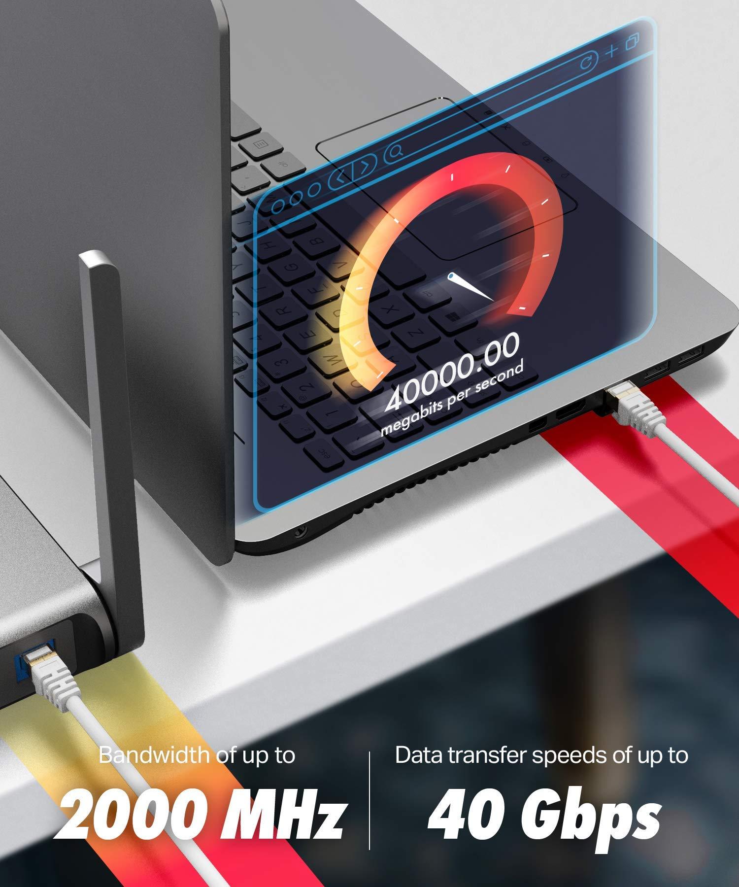 Ultra Clarity Cables Ultra Clarity Cables Cat 8 Ethernet Cable 3ft - High Speed Cat8 Internet WiFi Cable 40 Gbps 2000 Mhz - RJ45 Connector with Gold Plated - Compatible with Cat 6 - White - 3 feet