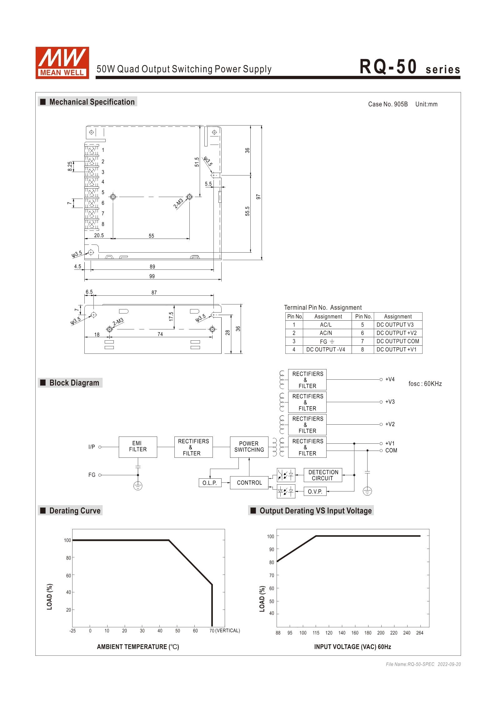 MEAN MELL Mean Well RQ-50D 53.4W Quad Output Switching Power Supply RQ-50 5V/3A 12V/0.9A 24V/0.9A -12V/0.5A