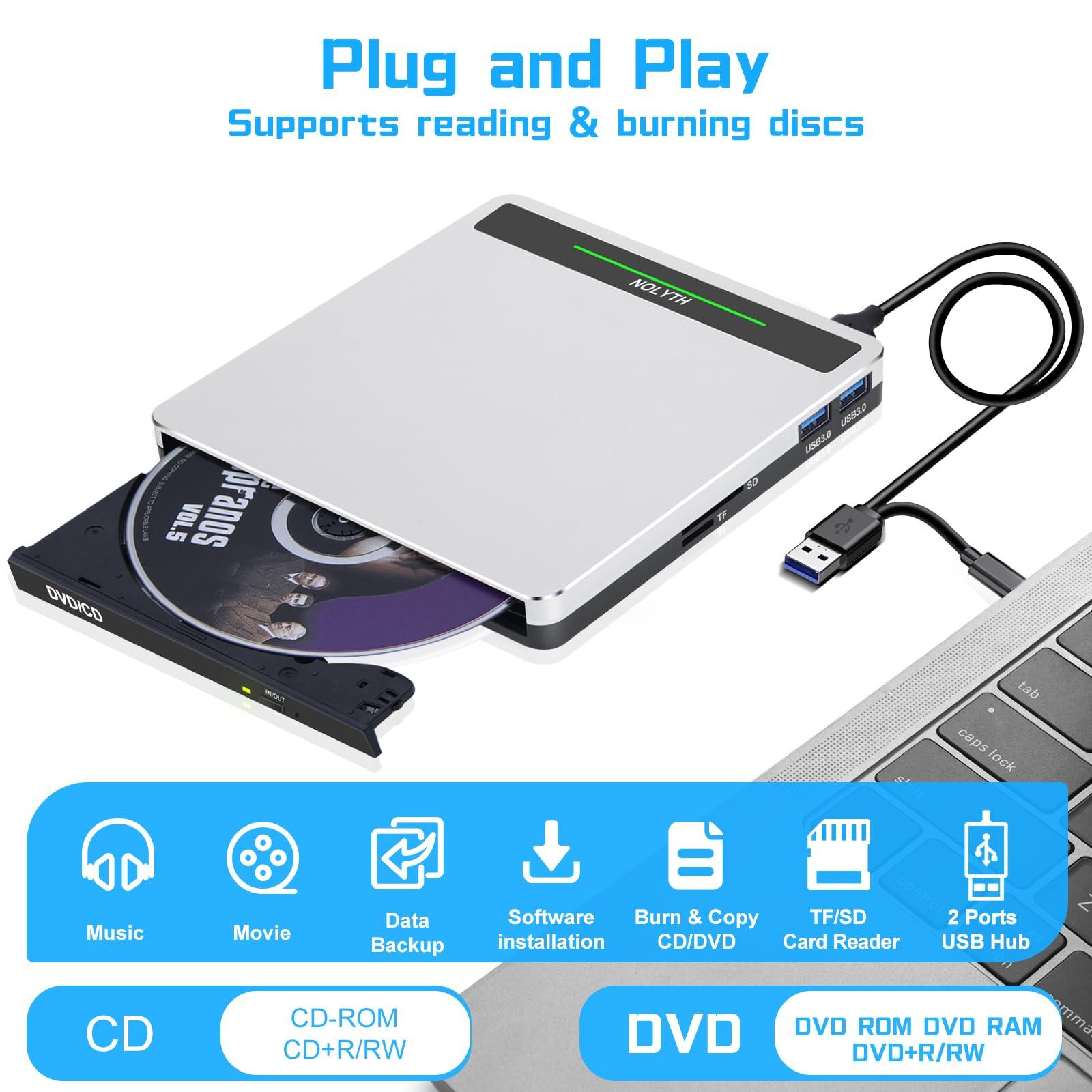 NOLYTH NOLYTH External CD Drive for Apple Mac, USB DVD Drive External DVD Player CD ROM Burner with SD TF 2 USB Ports, Portable Optical Disk Reader for Laptop PC Windows Desktop