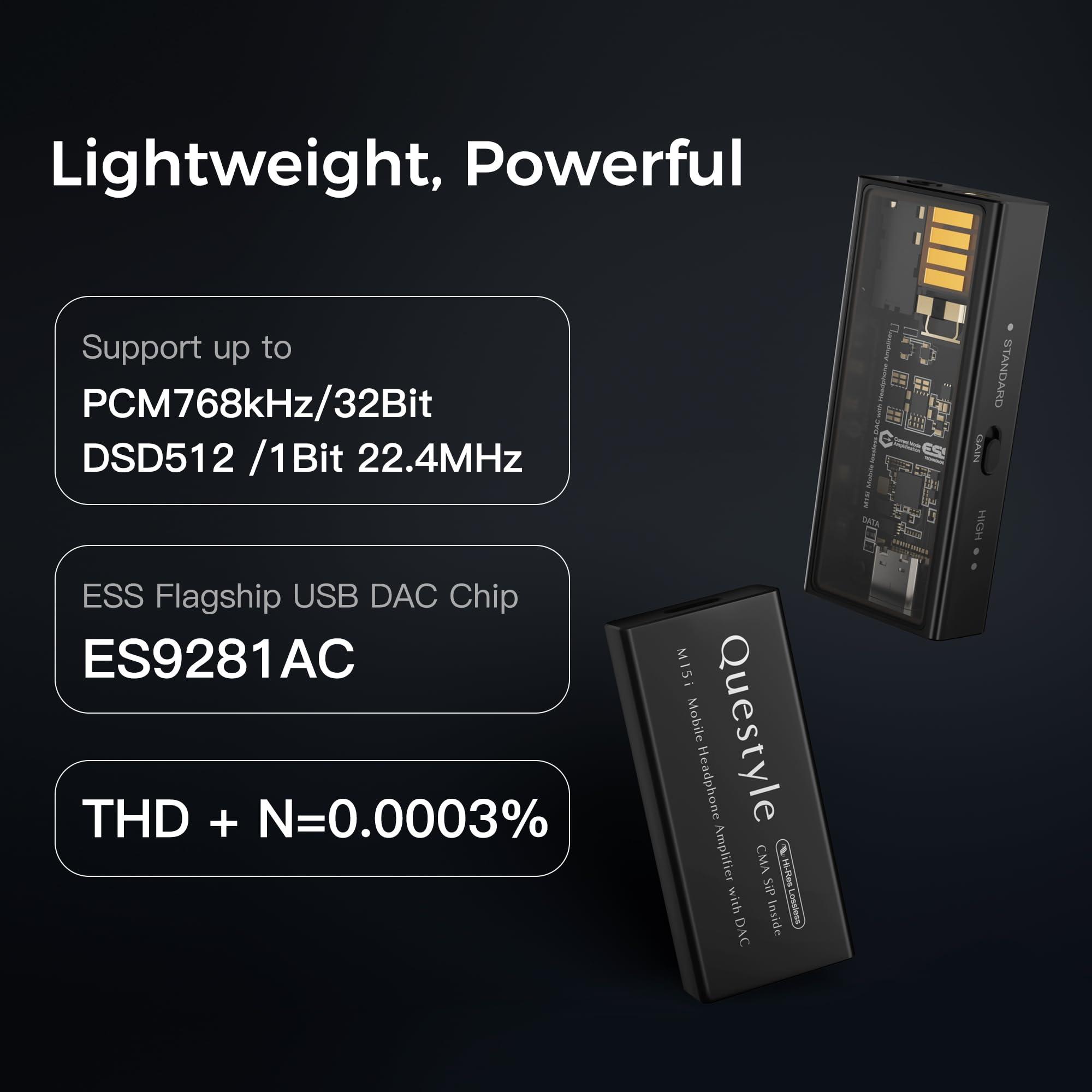 Questyle Questyle M15i Headphone Amplifier [MFi Certified] Portable USB DAC Amps with 4.4mm and 3.5mm Dual Outputs Supports PCM 768kHz/DSD512 High Resolution Lossless for Smartphones/PC/Laptops